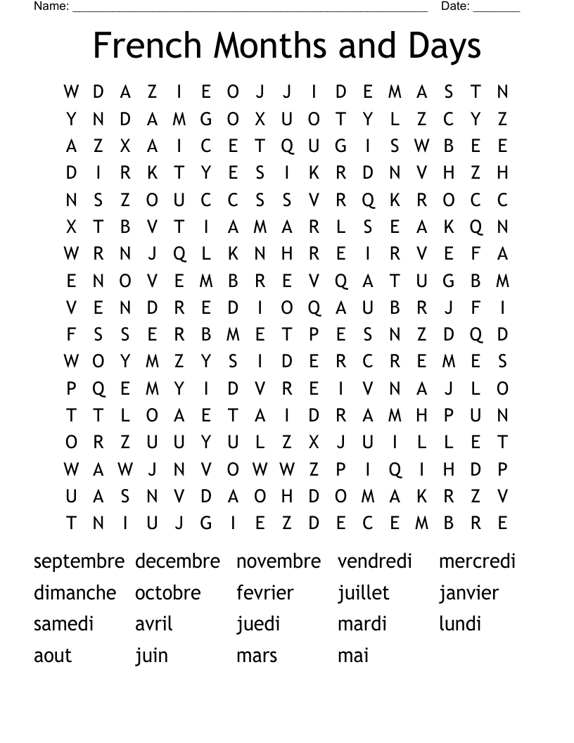 French Months And Days Word Search - Wordmint intended for French Word Searches Free Printable