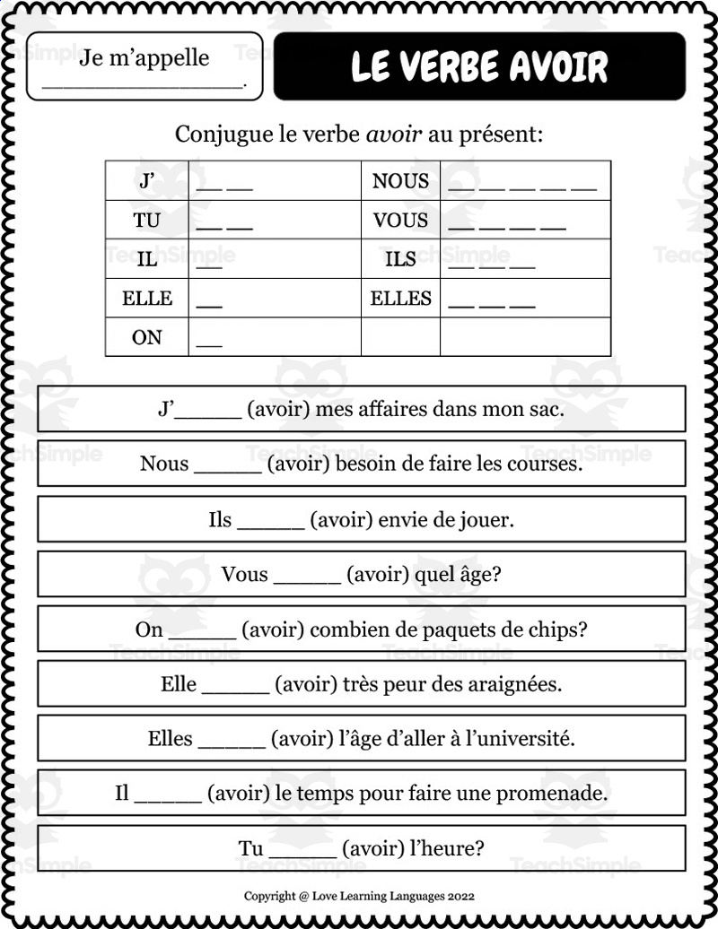 French: Verb Avoir Present Tense Worksheets intended for Free Printable French Grammar Worksheets