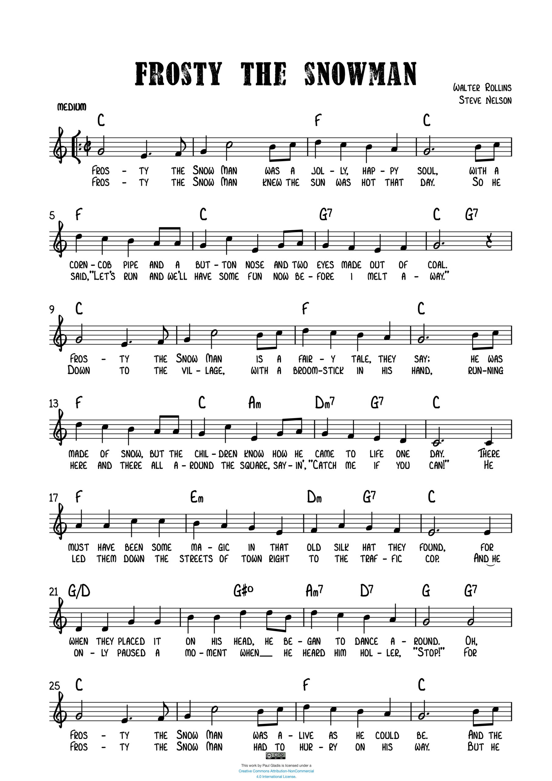 Frosty The Snowman – Sheet Music Transcriptionspaul Gladis for Free Printable Frosty The Snowman Sheet Music