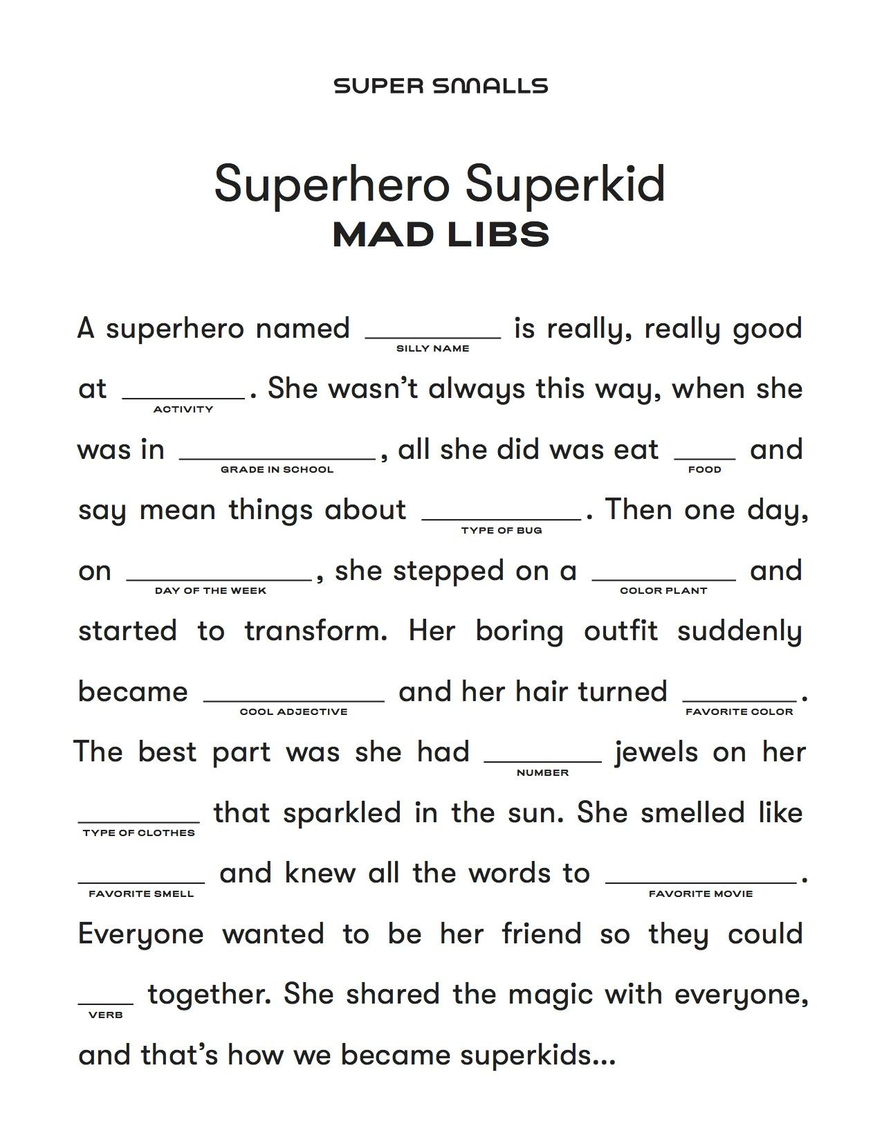Fun Indoor Activities For Kids | Super Smalls - Worksheets Library for Free Printable Mad Libs For Middle School Students
