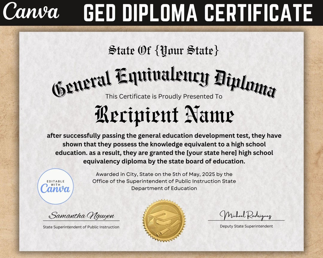 Ged Diploma Certificate With Seal, Canva Template, Certificate regarding Free Printable Ged Certificate