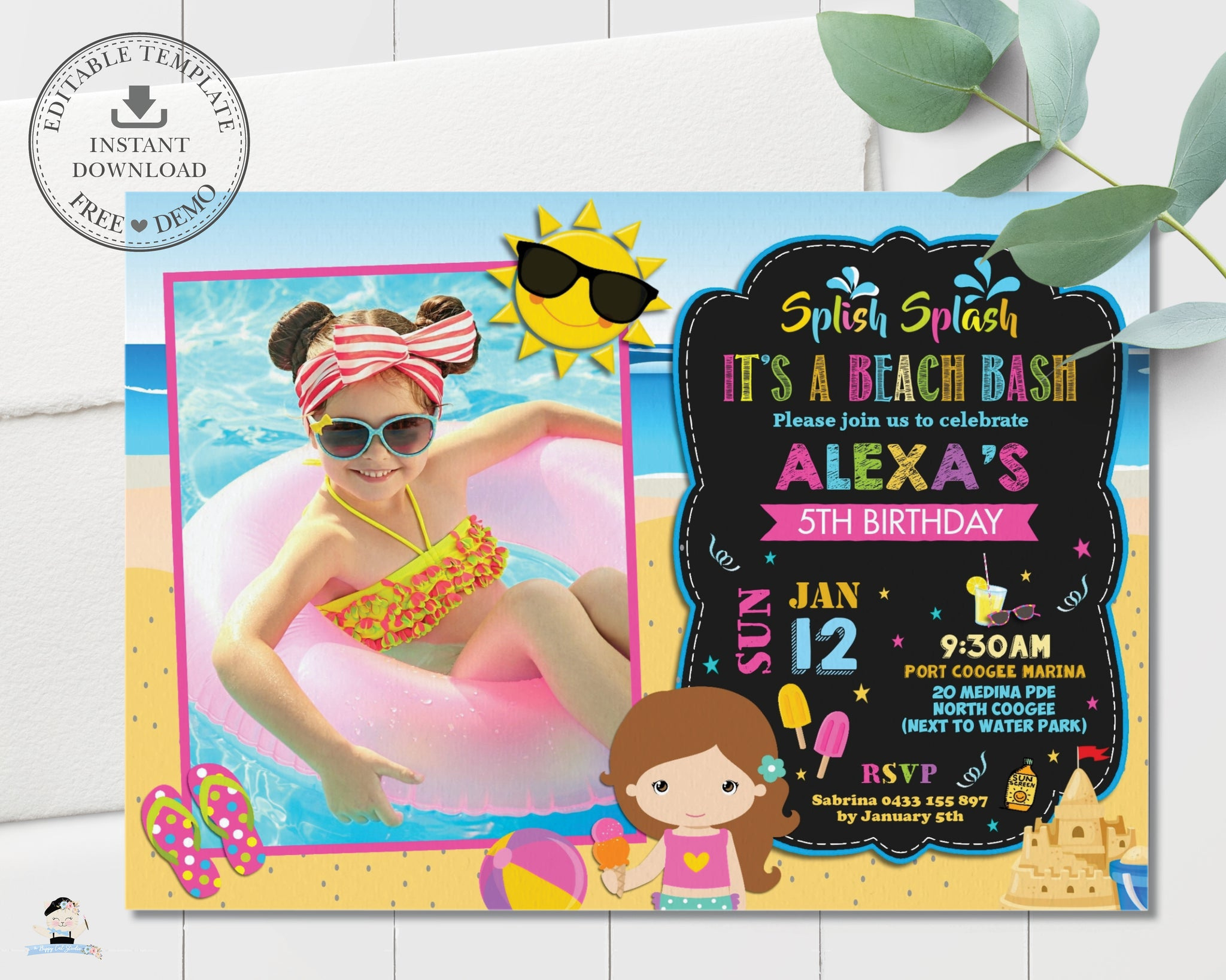 Girl Beach Bash Pool Party Birthday Invitation Editable Template with Free Printable Water Park Birthday Invitations