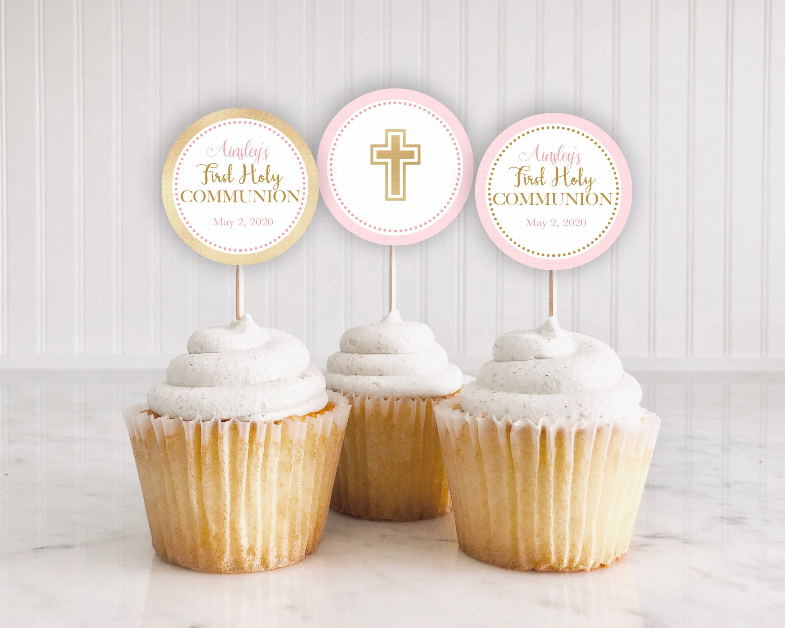 Girl First Communion Cupcake Toppers Printable: "First Communion Cupcake" Blush, Gold, First Holy Communion, Party Supplies, Download in Free Printable First Communion Cupcake Toppers