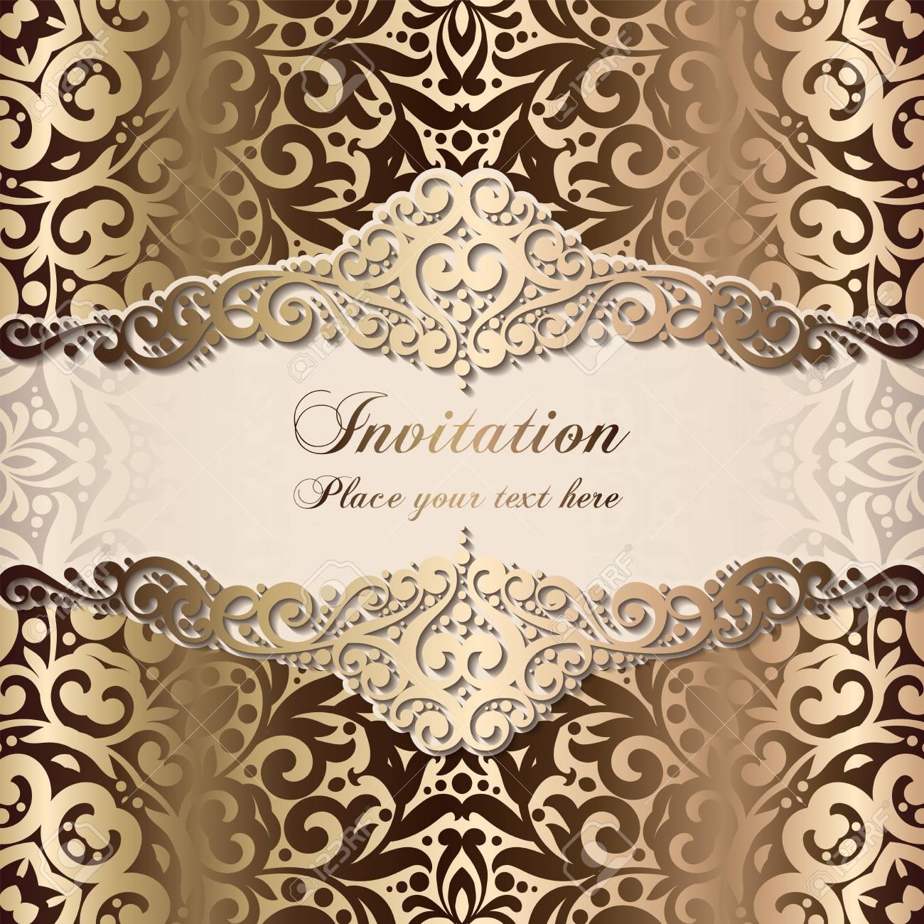 Gold Wedding Invitation Card Template Design With Damask Pattern with Free Printable Damask Place Cards
