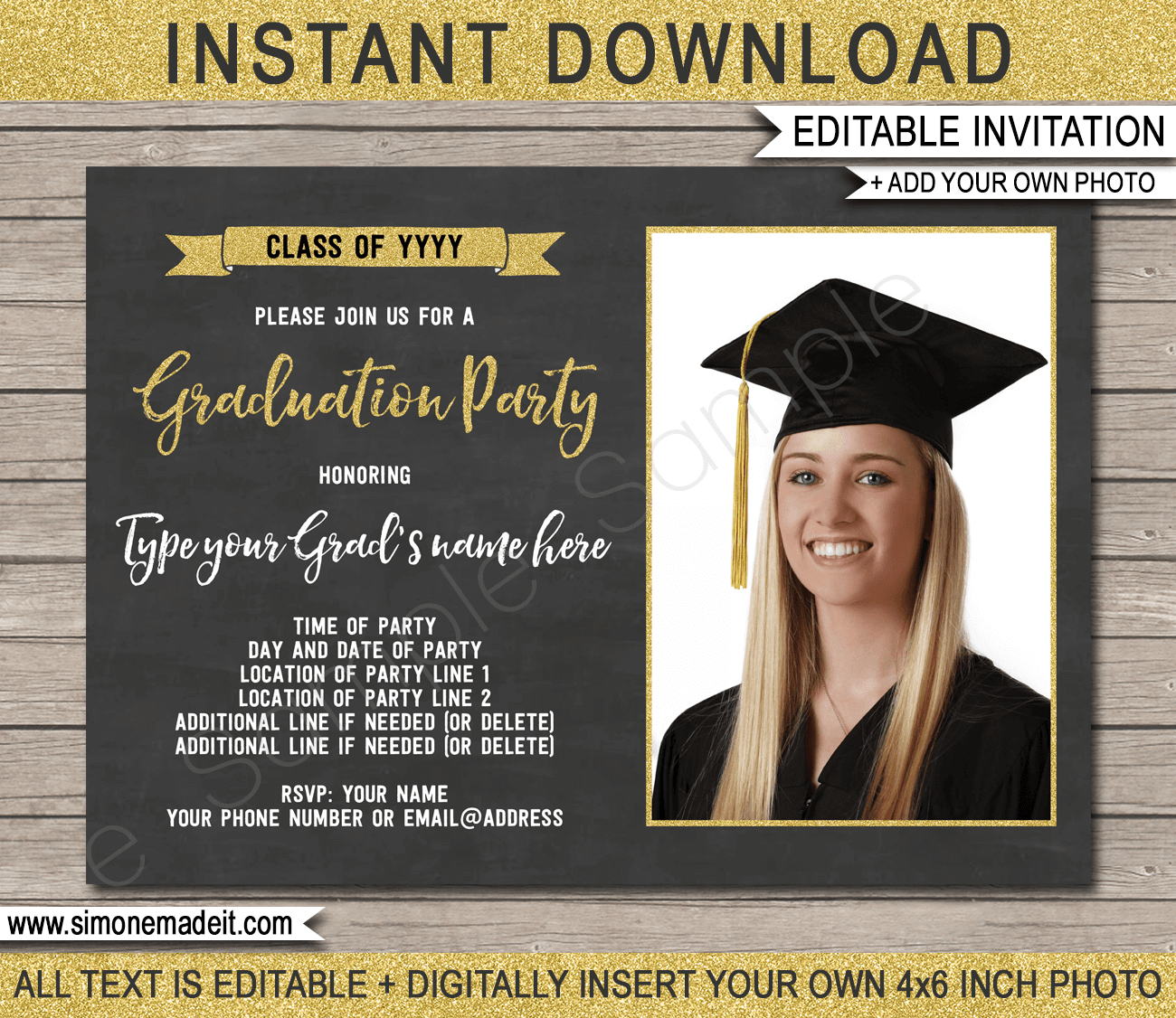 Graduation Photo Invitations Template - Gold Glitter & Chalkboard in Free Printable Graduation Invitation Templates