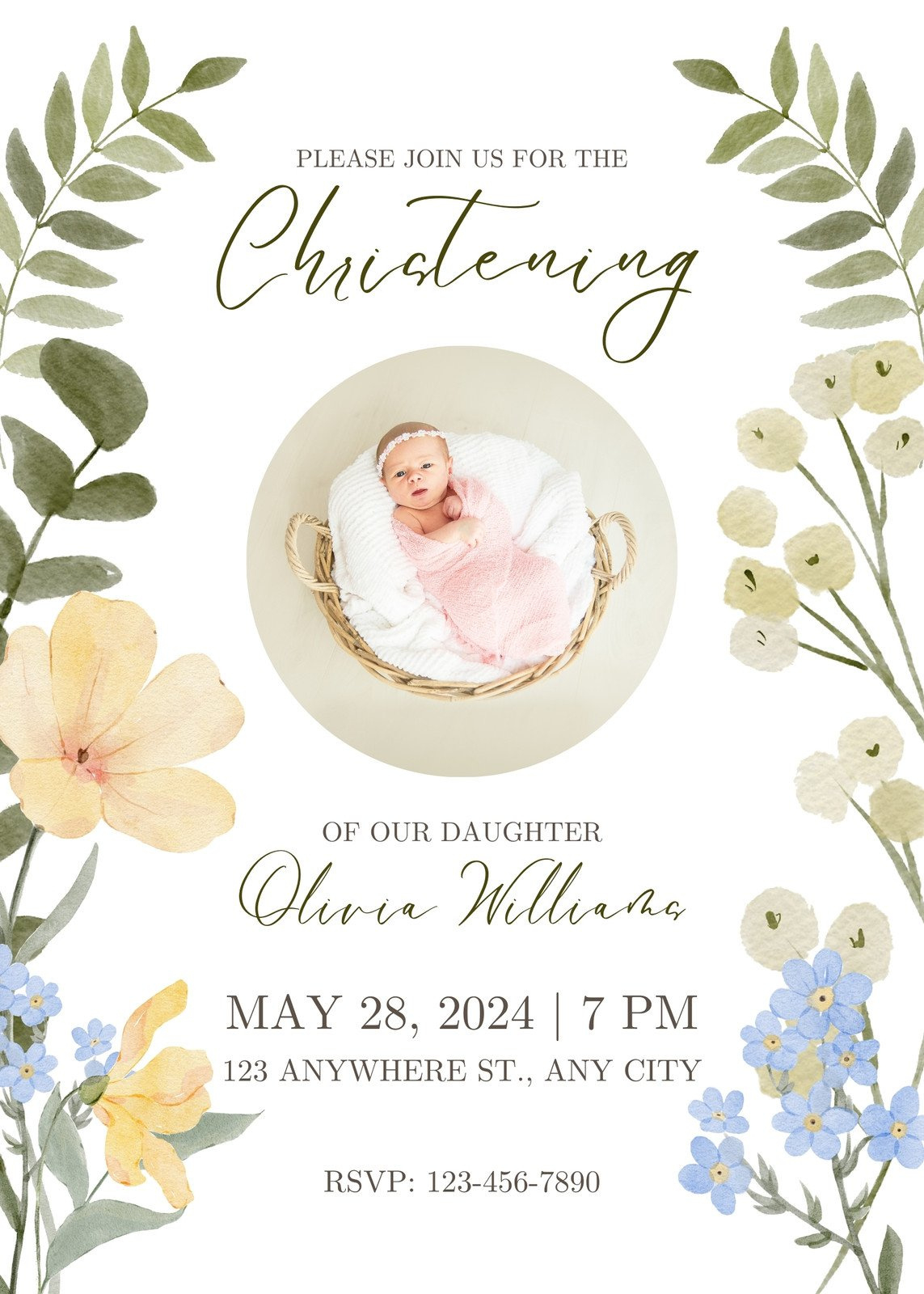 Green And White Watercolor Baptism Invitation with regard to Free Printable Baptism Invitations