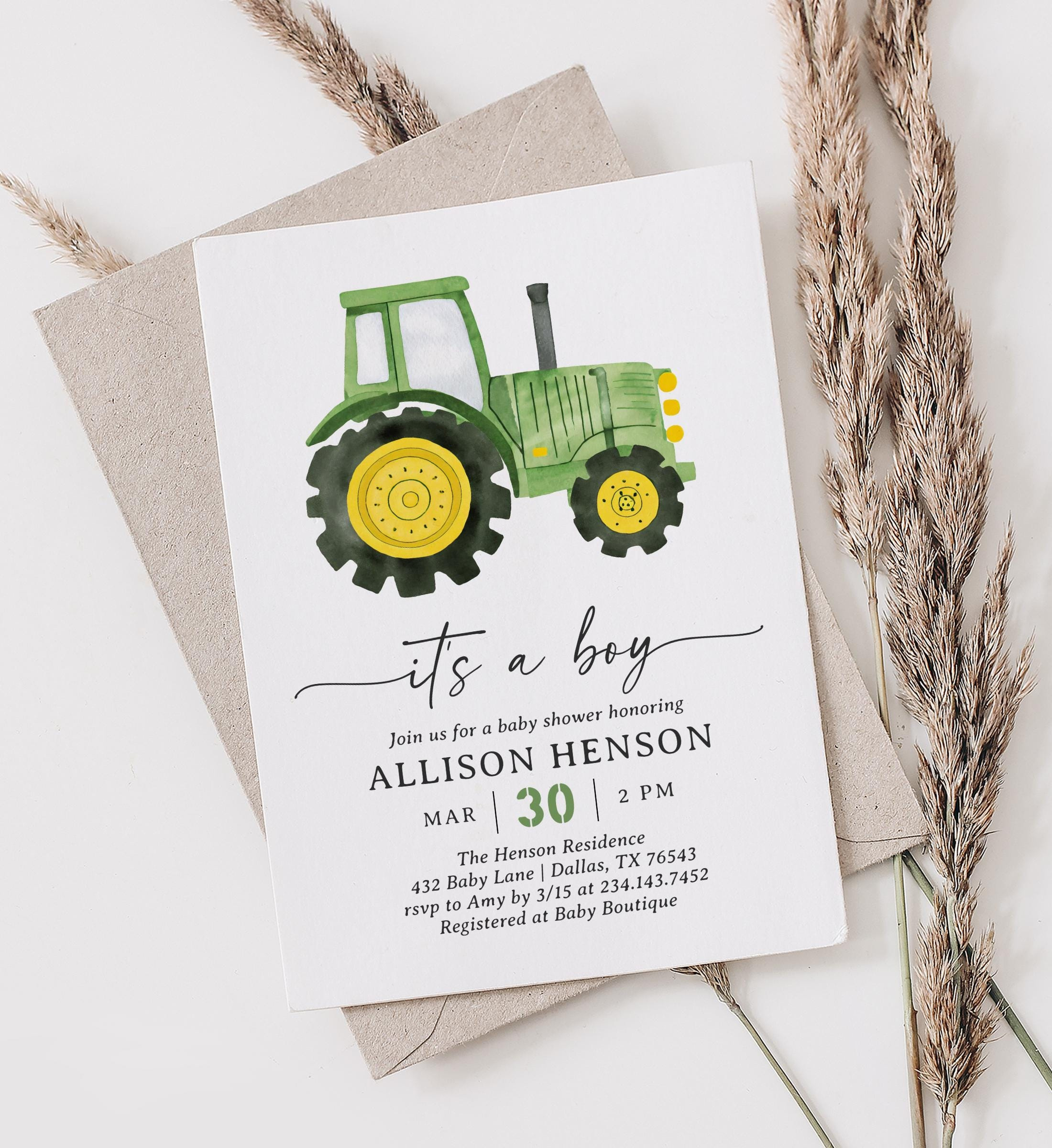 Green Tractor Baby Shower Invitation Template, It&amp;#039;S A Boy Farm intended for Free Printable John Deere Baby Shower Invitations