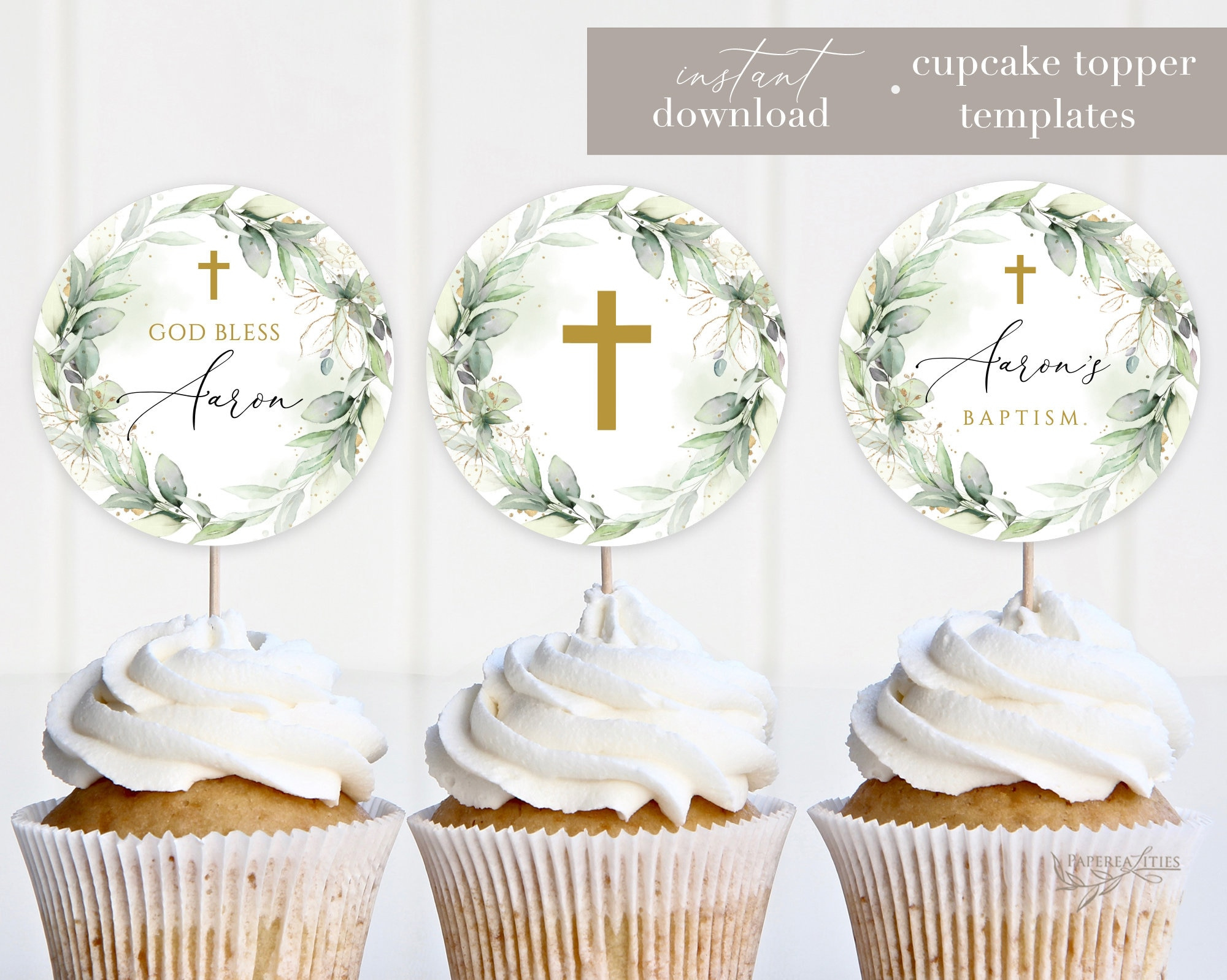 Greenery Baptism Cupcake Toppers Template, Printable Editable regarding Baptism Cupcake Toppers Printable Free