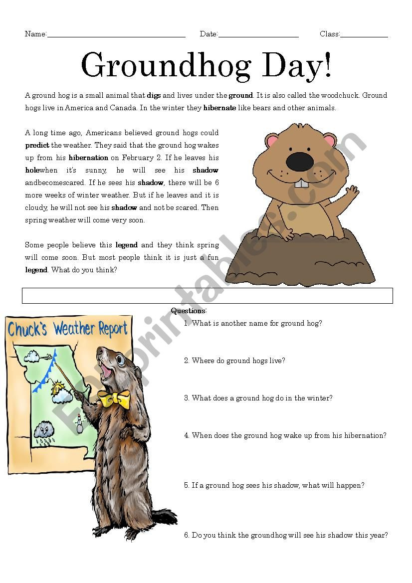 Groundhog Day Reading Comprehension - Esl Worksheetmrsemi with Free Printable Groundhog Day Reading Comprehension Worksheets