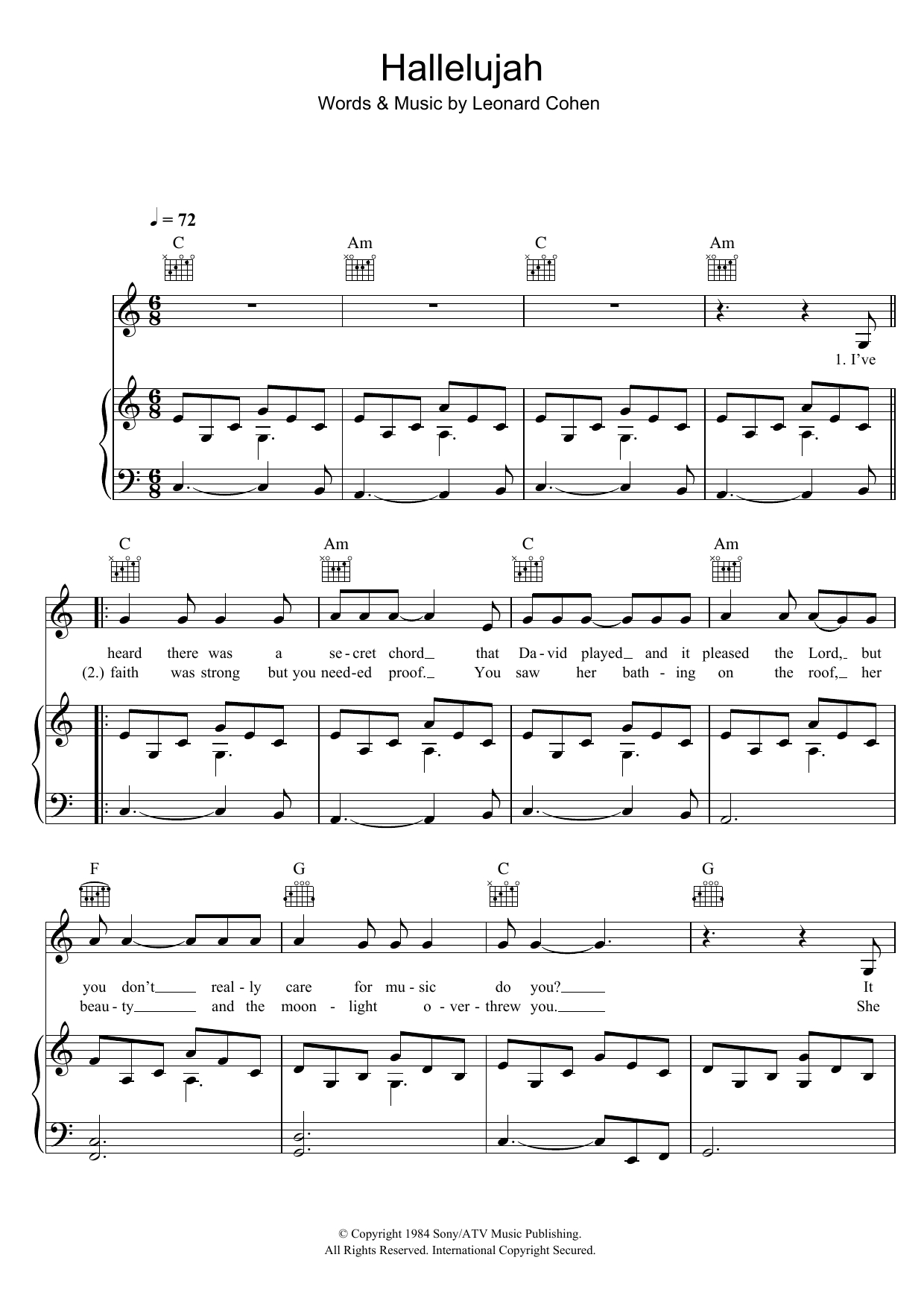 Hallelujah Sheet Musicjohn Cale For Piano/Keyboard And Voice pertaining to Hallelujah Sheet Music Piano Free Printable