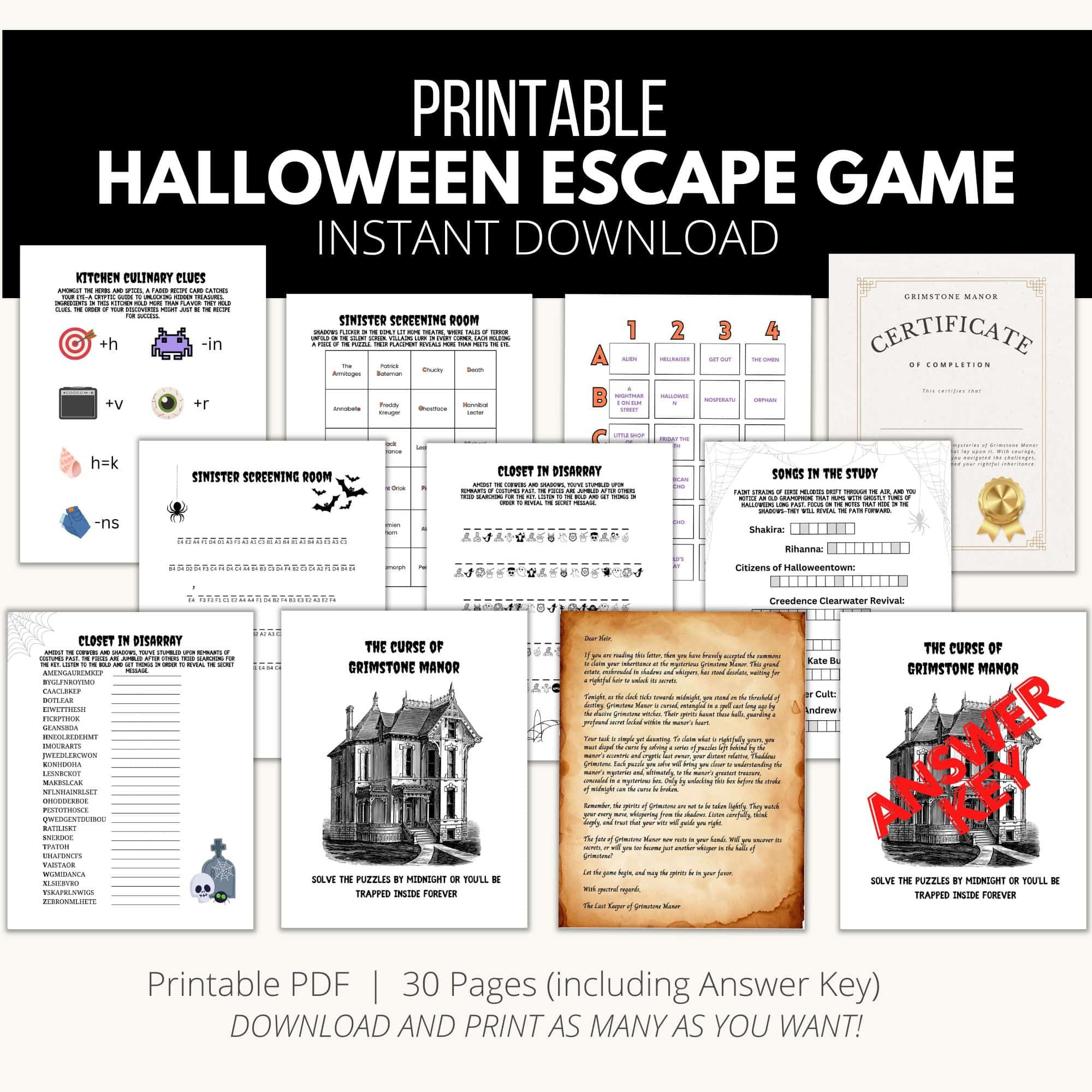 Halloween Escape Room Game Printable - "The Curse Of Grimstone Manor" regarding Free Printable Escape Room Kit