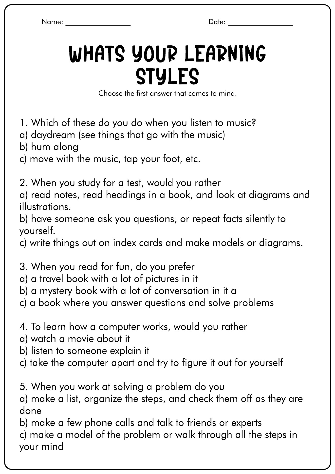 How To Create A Learning Style Quiz - Worksheets Library with regard to Free Printable Learning Styles Questionnaire