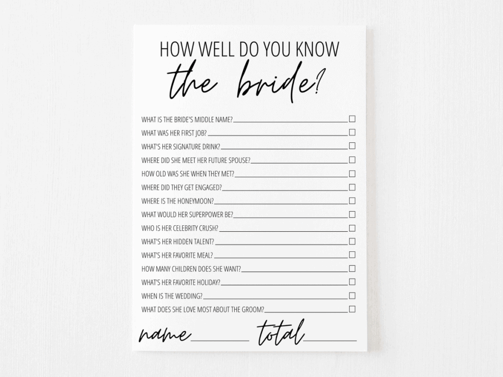How Well Do You Know The Bride? Free Printable | Modern Moh for How Well Does The Bride Know The Groom Free Printable