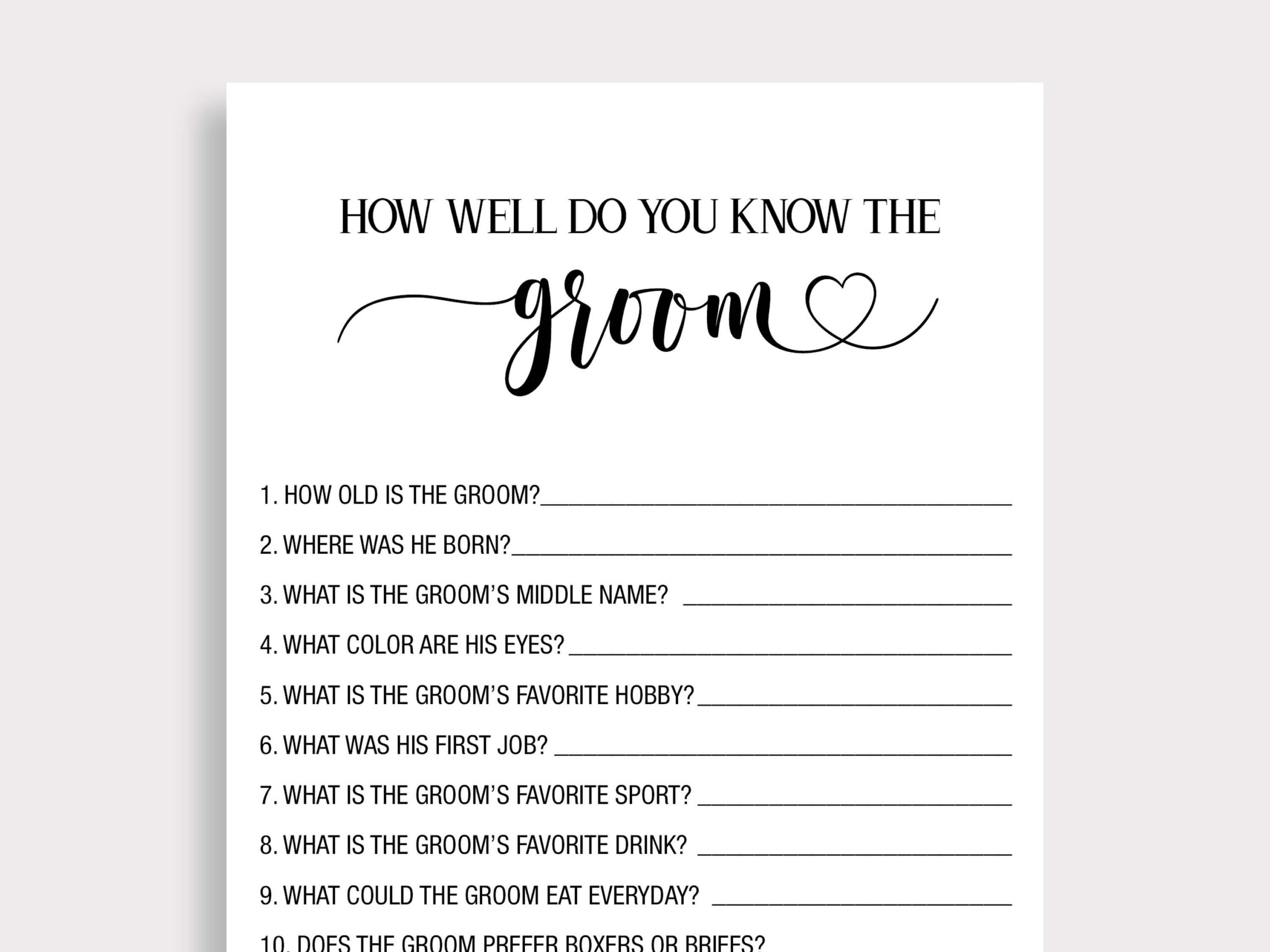 How Well Do You Know The Groom Game, Minimalist Bridal Shower Game for How Well Does The Bride Know The Groom Free Printable