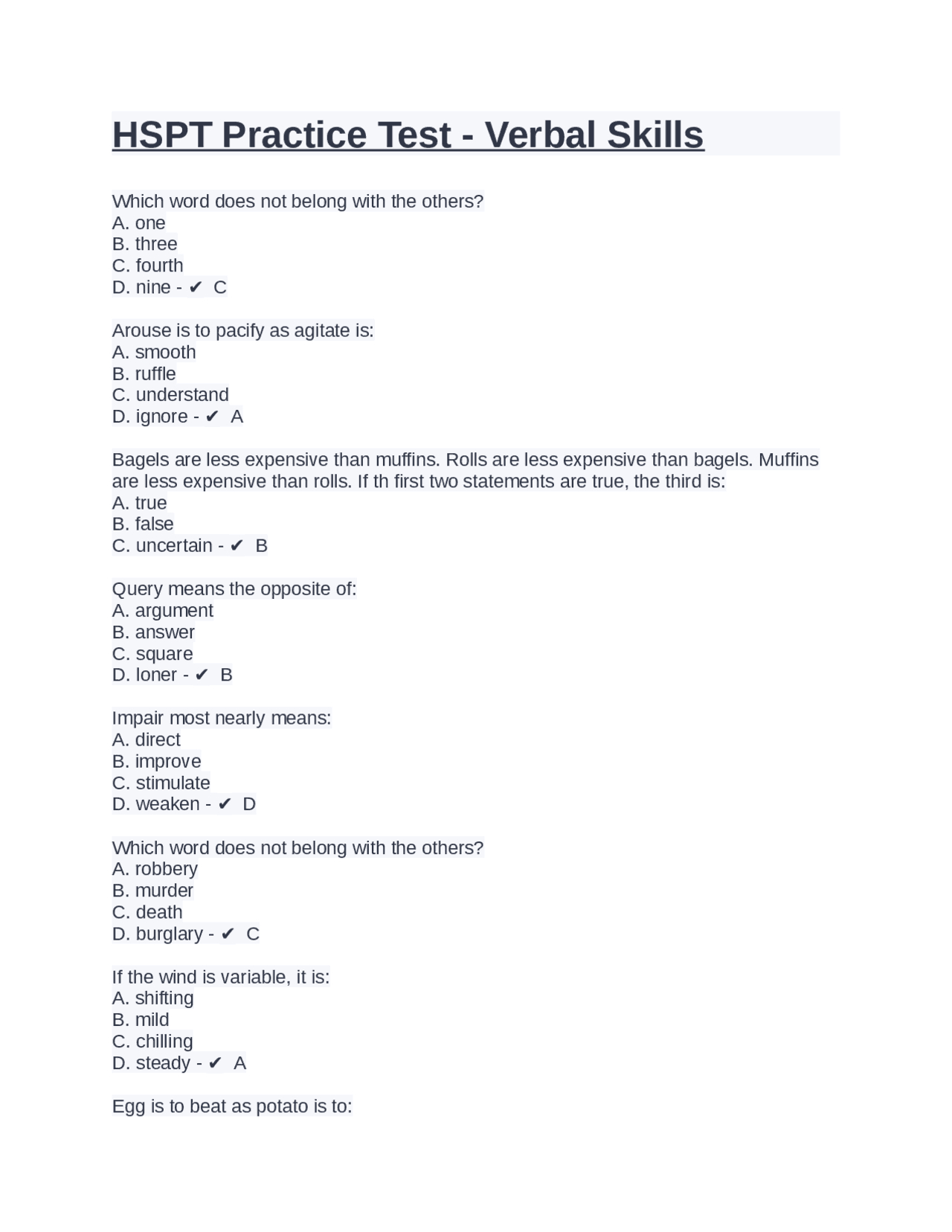 Hspt Practice Test - Verbal Skills With Answers | Exams Nursing pertaining to Free Printable Hspt Practice Test