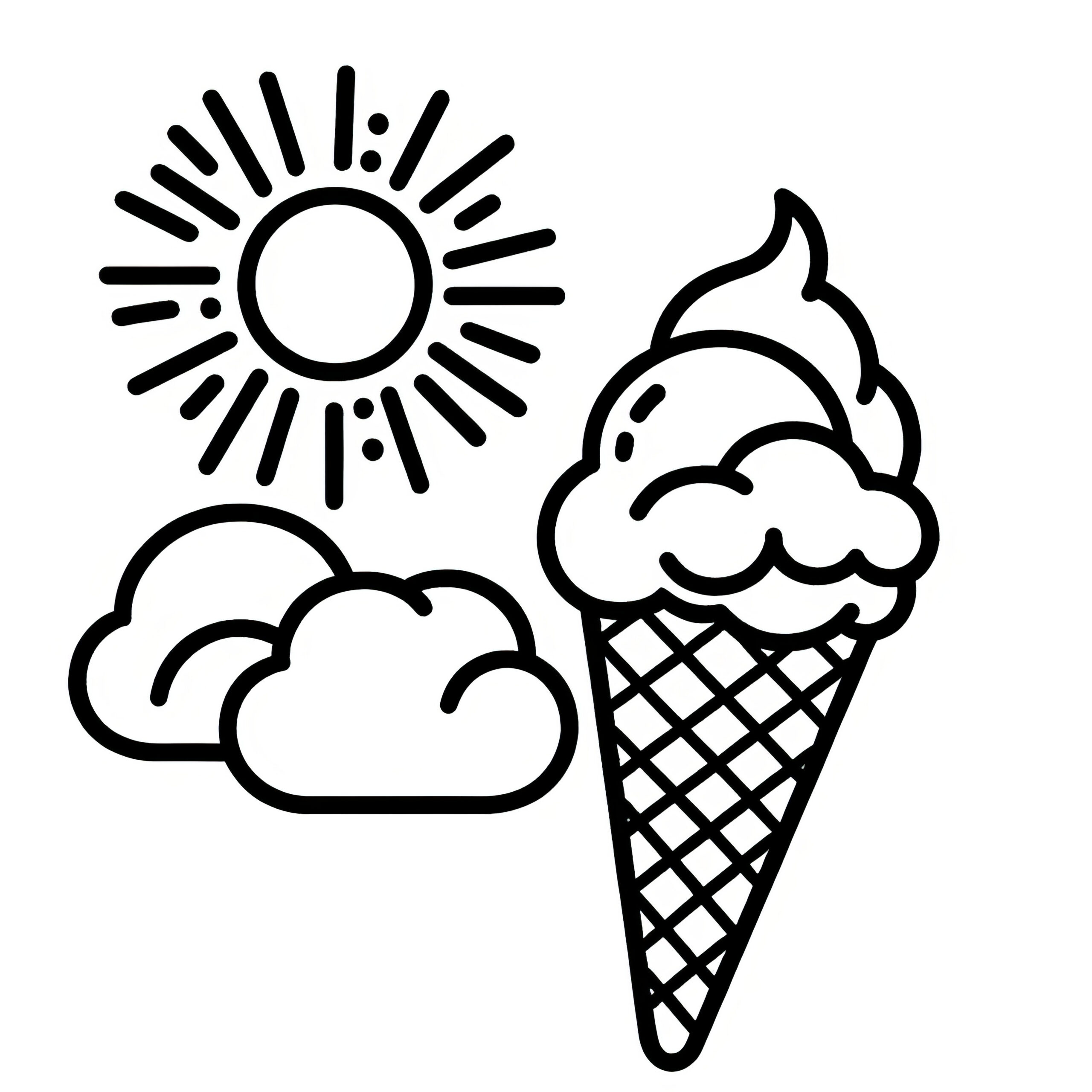 Ice Cream In A Cone With Sun And Clouds: Coloring Page For Free for Ice Cream Color Pages Printable Free