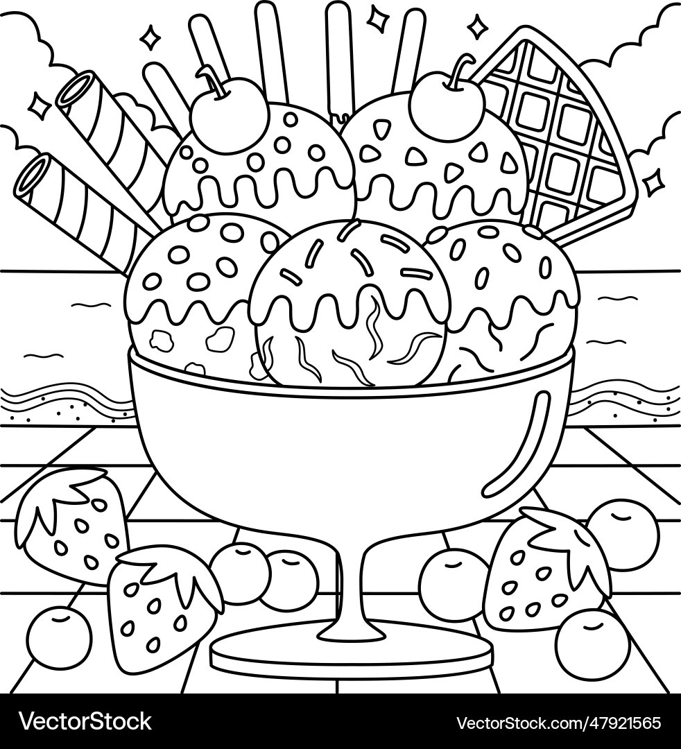 Ice Cream On The Beach Summer Coloring Page Vector Image for Ice Cream Color Pages Printable Free