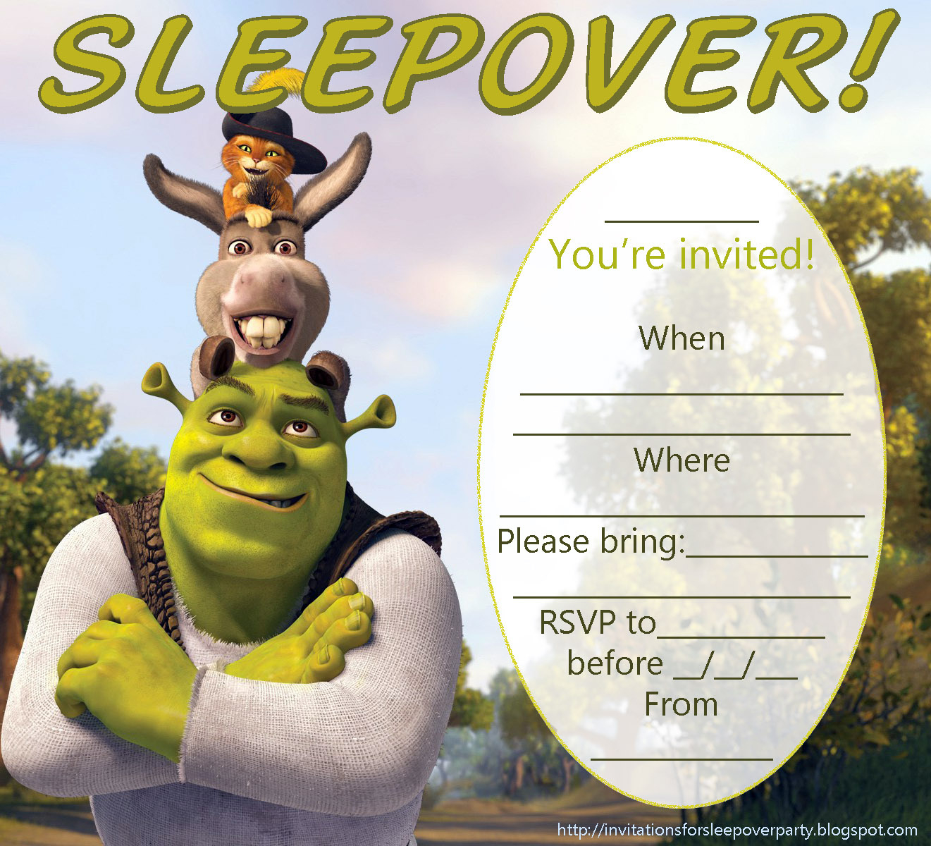 Invitations For Sleepover Party: Shrek Donkey And Puss In Boots regarding Free Printable Shrek Invitations