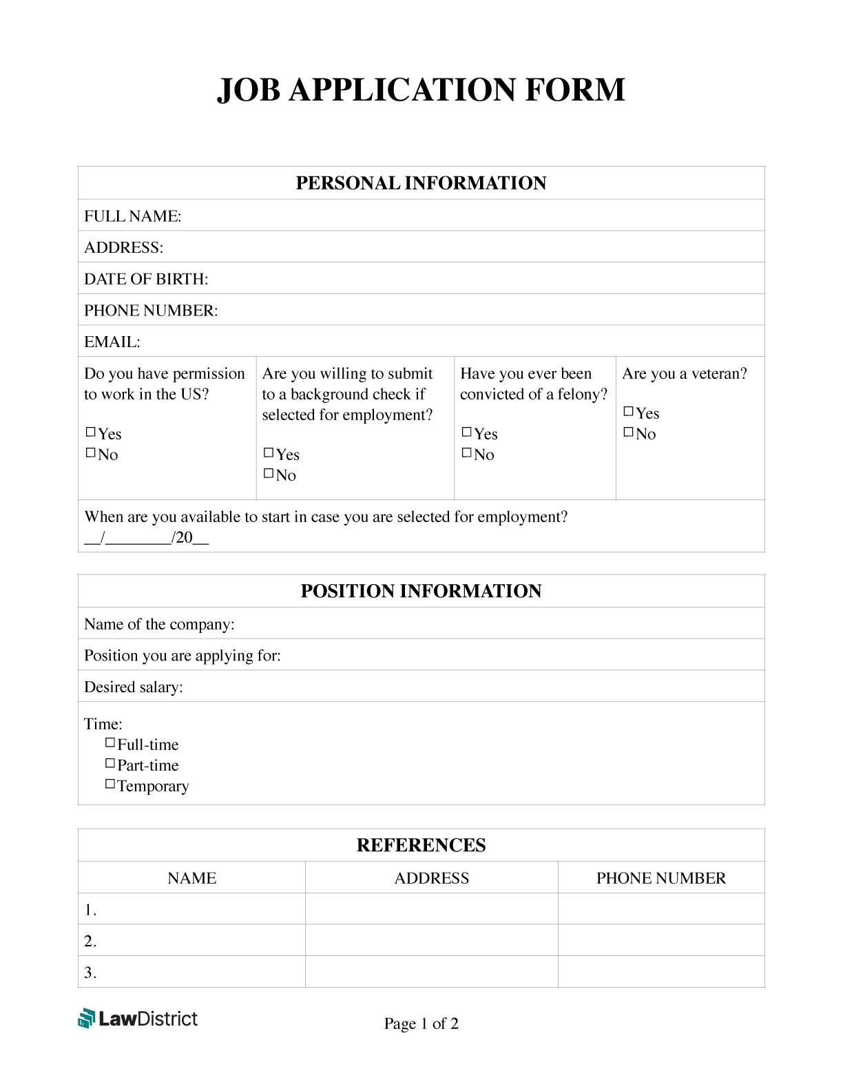 Job Application Form | Free Simple Pdf Template | Lawdistrict pertaining to Free Printable Job Application