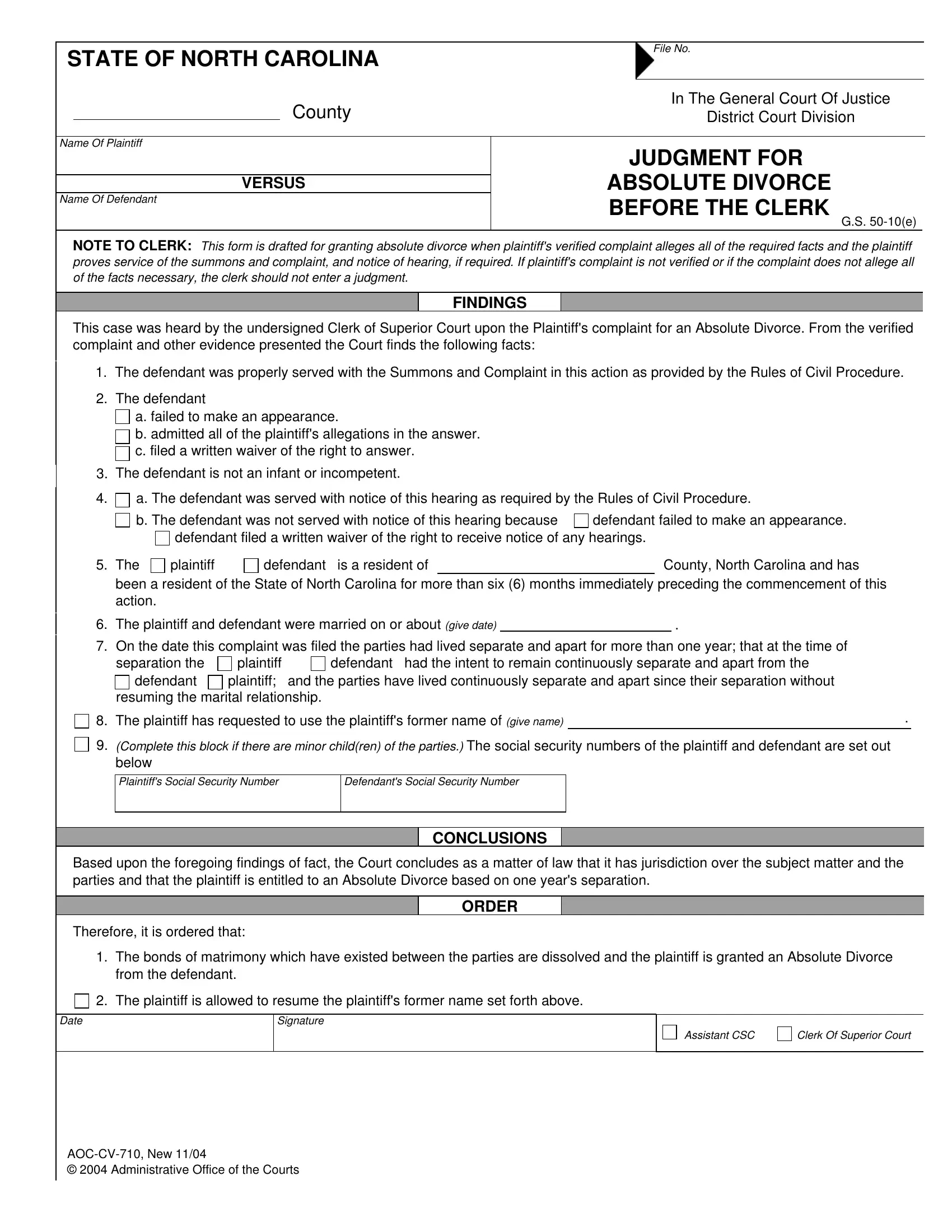Judgment Absolute Divorce Form ≡ Fill Out Printable Pdf Forms within Free Printable Divorce Papers For North Carolina