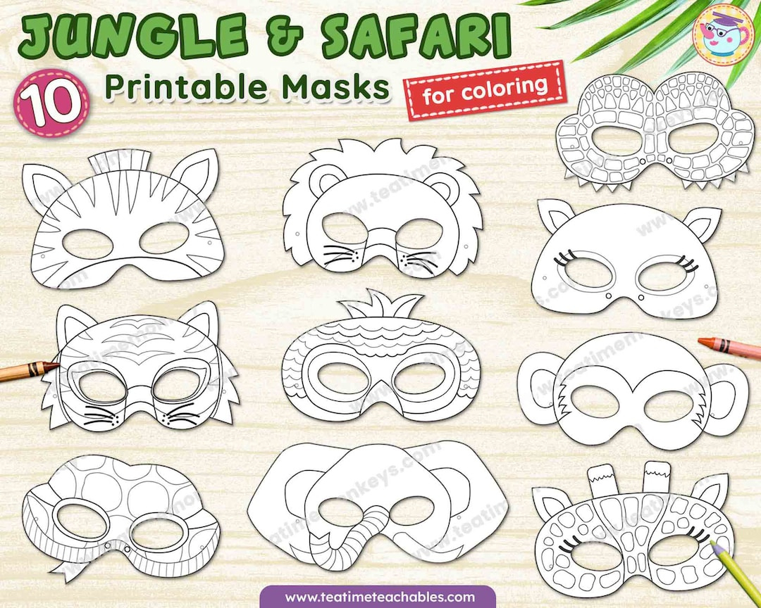 Jungle Animals Masks: Ten Printable Masks To Color (Pdf) - Etsy with Free Printable Jungle Book Masks