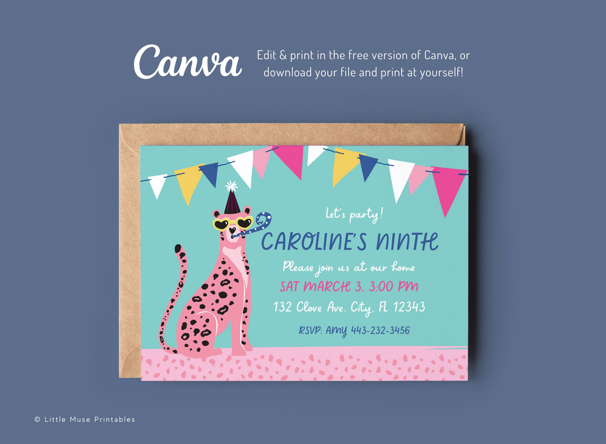 Kids Cheetah Birthday Party Invitation: Pink Leopard Template in Free Printable Cheetah Birthday Invitations