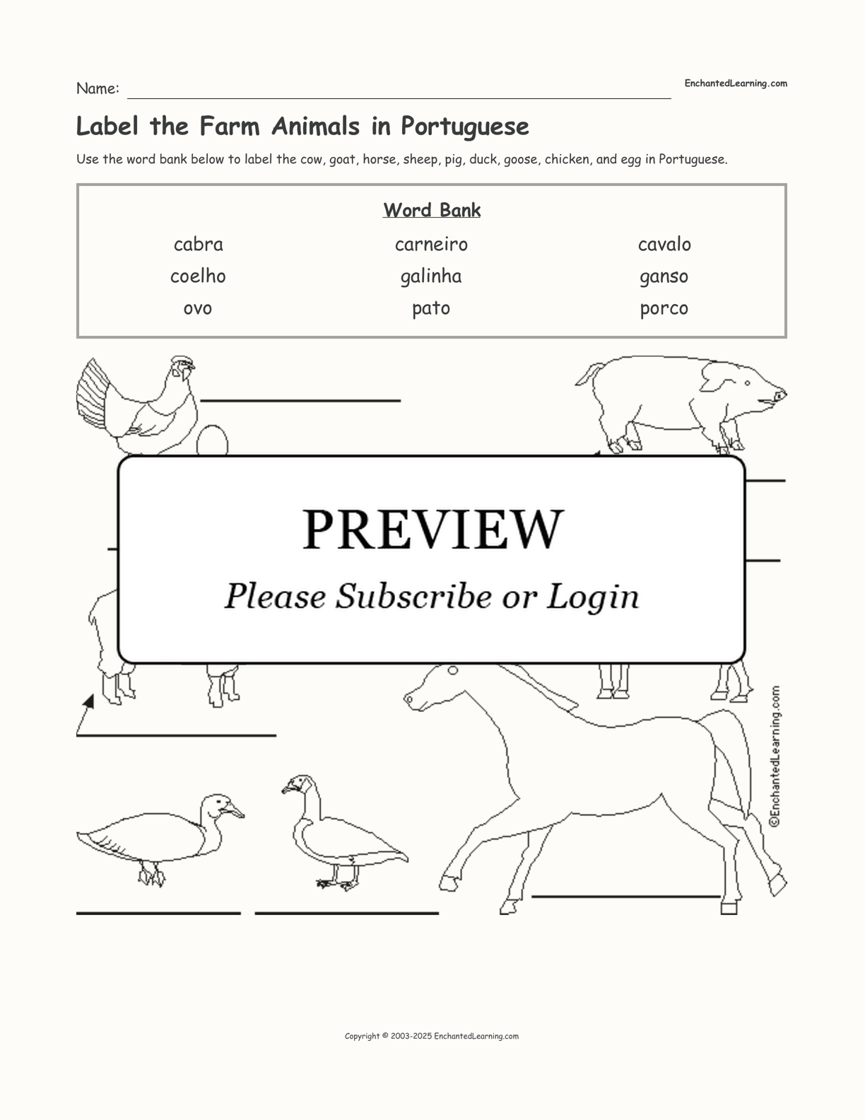 Label The Farm Animals In Portuguese - Enchanted Learning regarding Free Printable Portuguese Worksheets