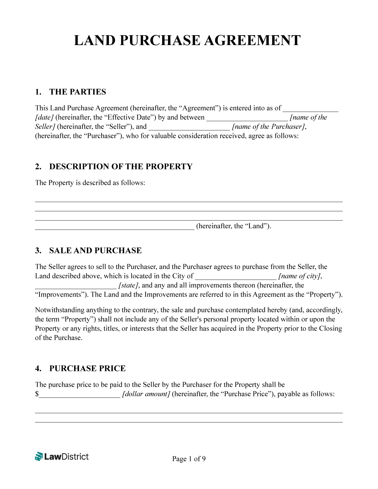 Land Purchase Agreement - Land Contract | Free Pdf Form | Lawdistrict inside Free Printable Land Contract Forms