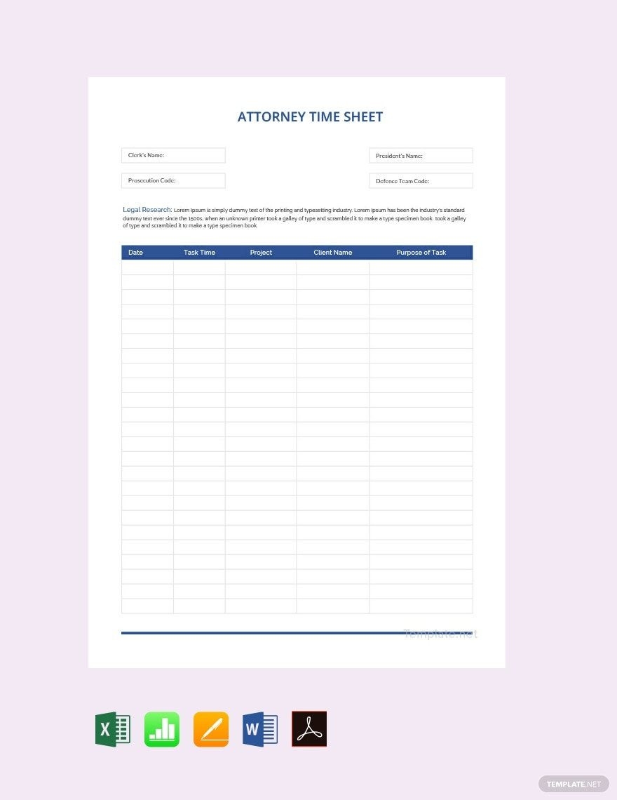 Lawyer Timesheet Template In Excel, Google Sheets - Download with regard to Free Printable Attorney Timesheets