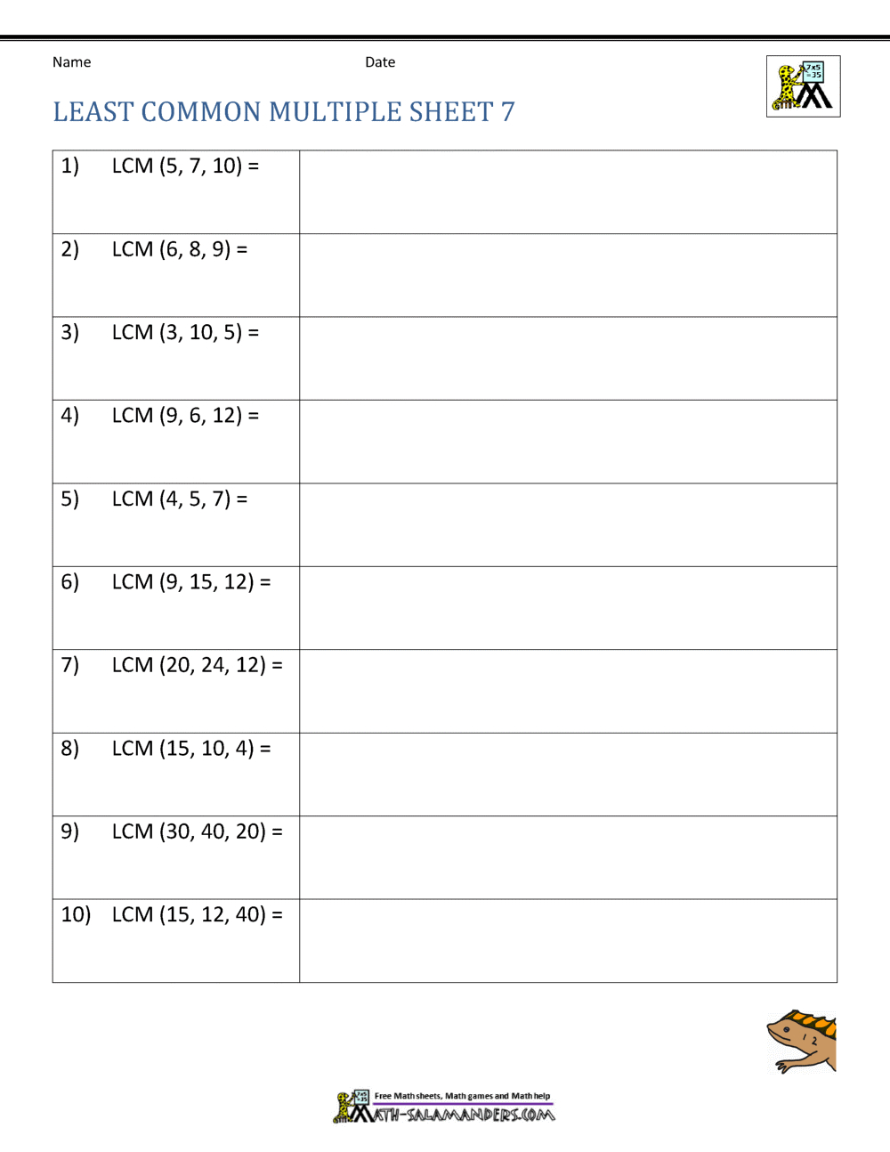 Least Common Multiple Worksheets Page for Free Printable Lcm Worksheets