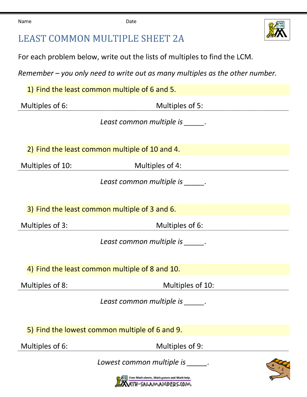 Least Common Multiple Worksheets Page intended for Free Printable Lcm Worksheets