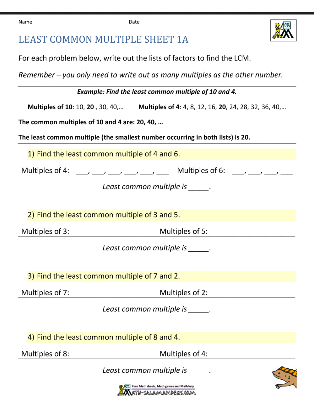 Least Common Multiple Worksheets Page within Least Common Multiple Worksheet Free Printable