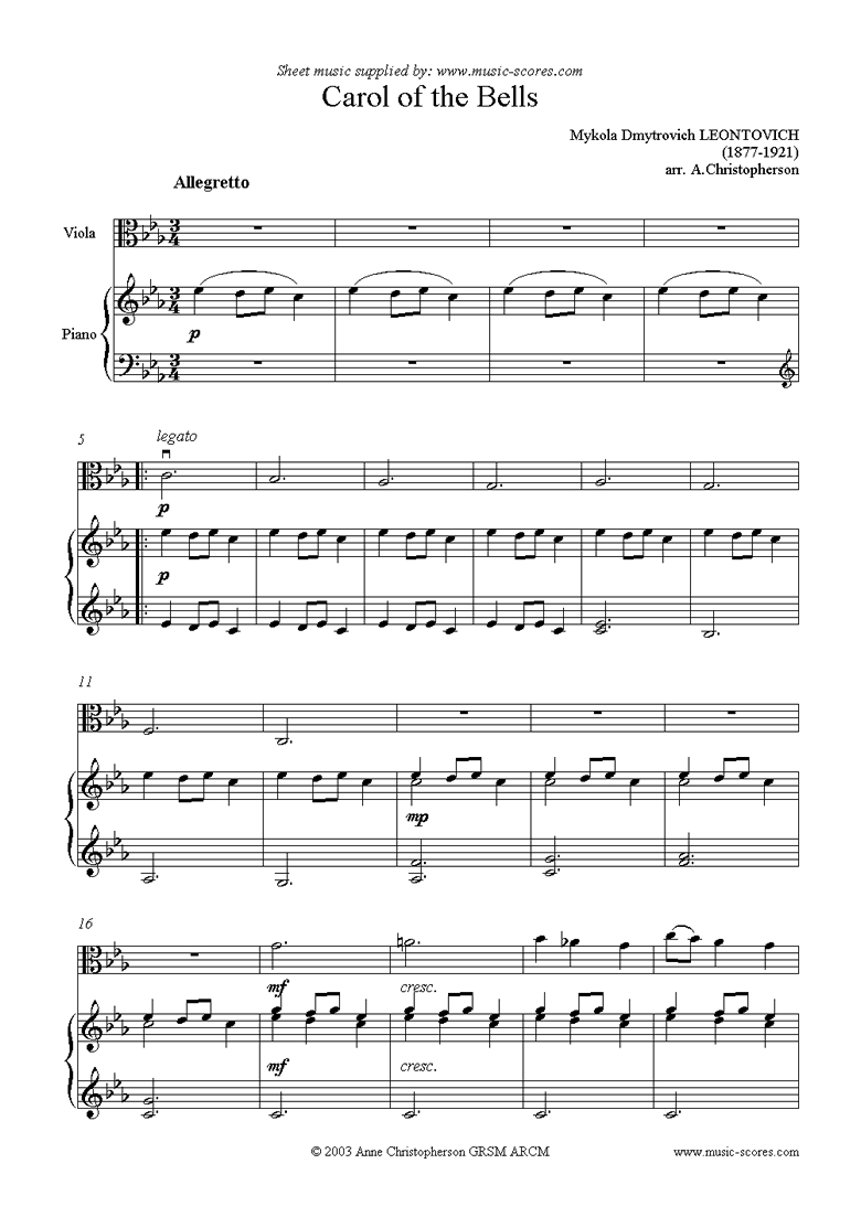 Leontovich: Carol Of The Bells - Viola Classical Sheet Music with Viola Sheet Music Free Printable