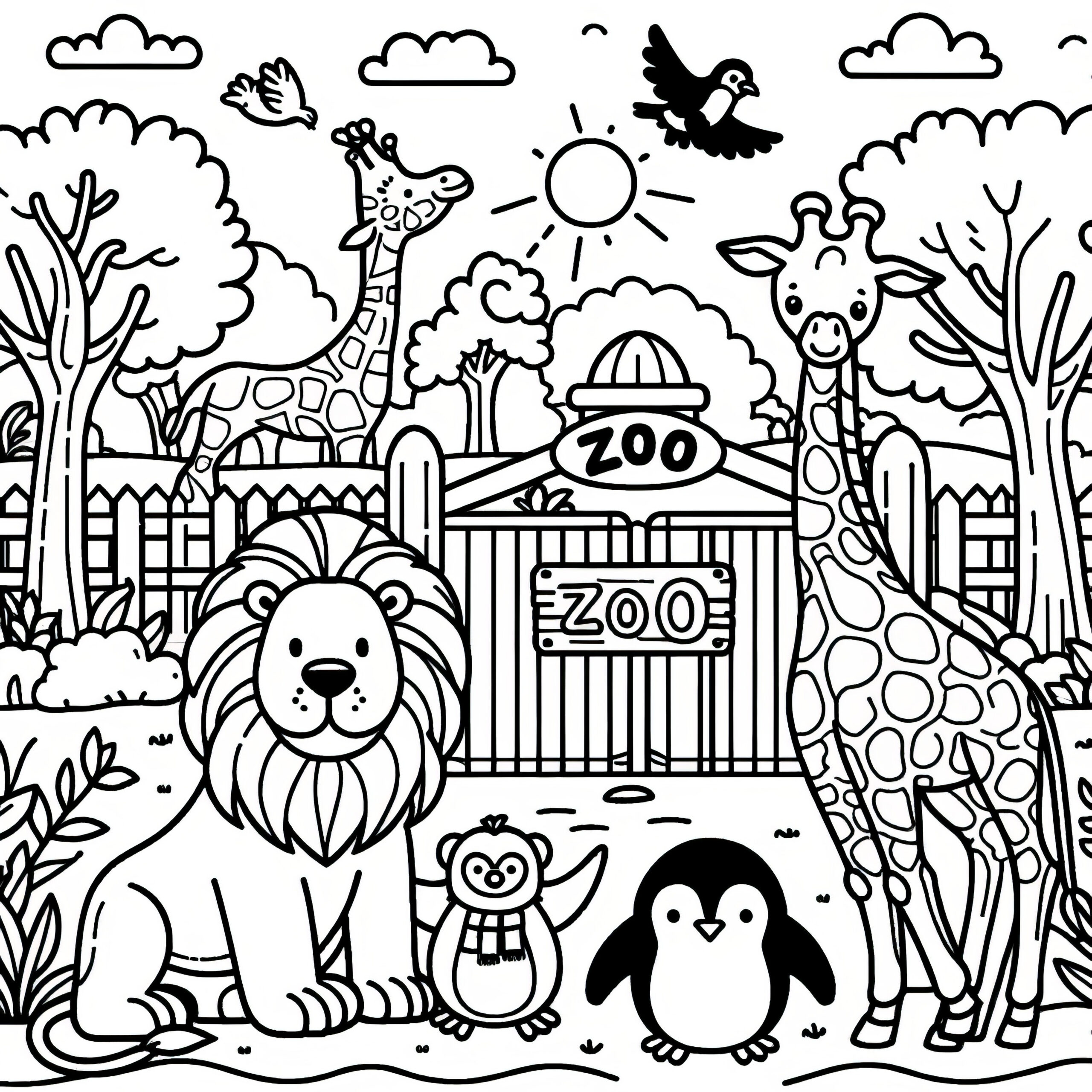 Lion, Giraffes, And Penguin At The Zoo: Cute Coloring Picture For for Free Printable Pictures Of Zoo Animals