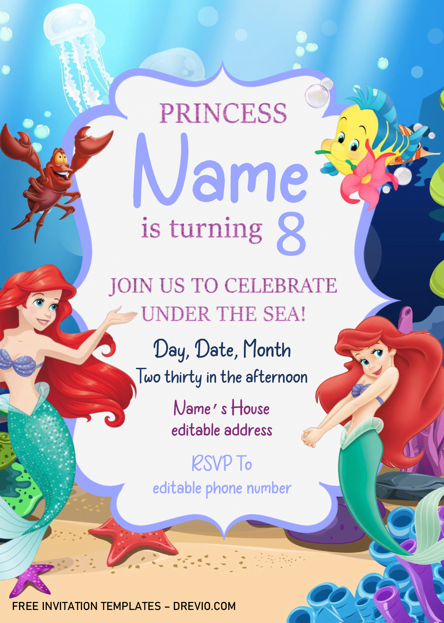 Little Mermaid Birthday Invitation Templates - Editable .Docx intended for Free Printable Mermaid Invitations