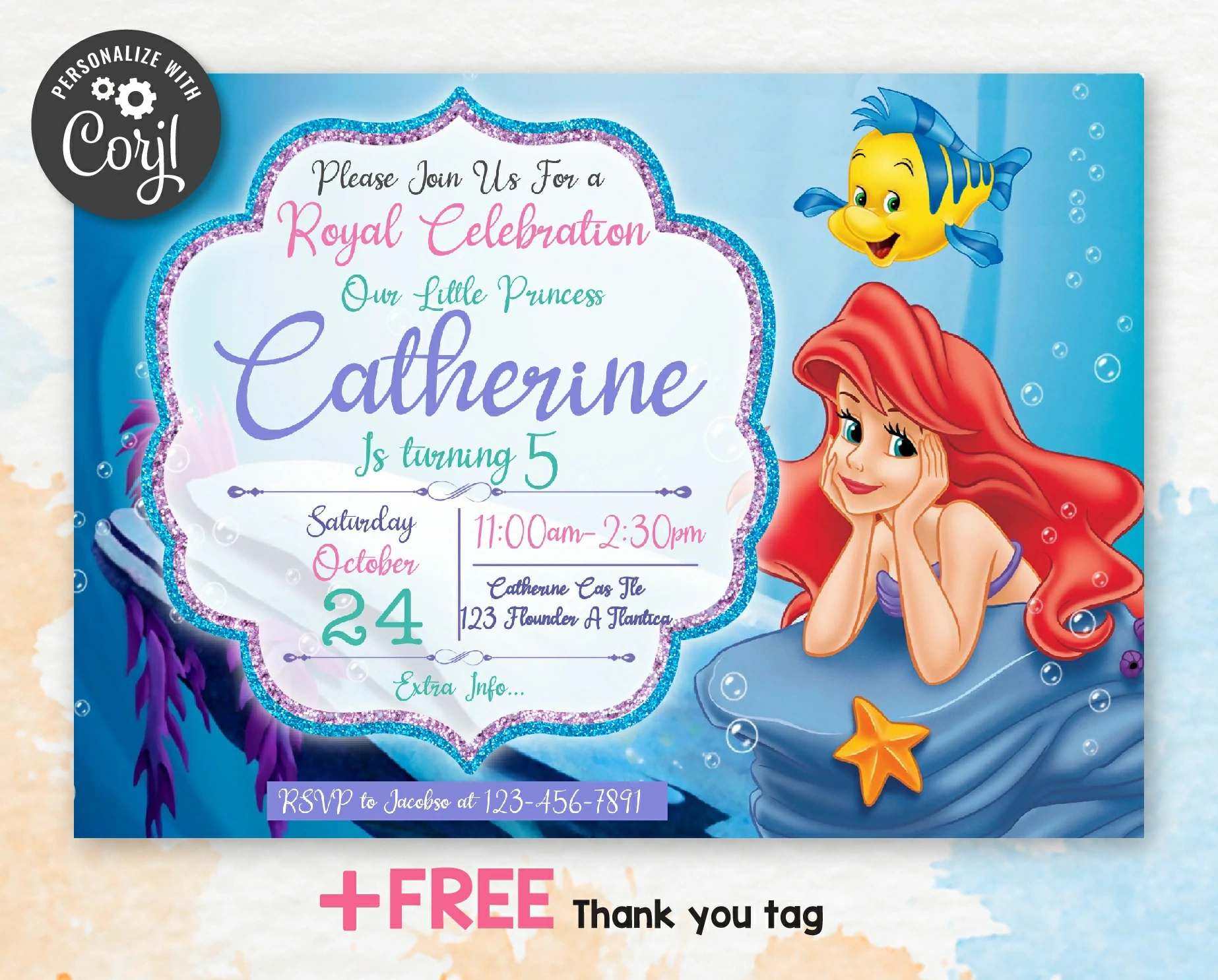 Little Mermaid Birthday Party Invitations | Free Thank You Tag for Free Little Mermaid Printable Invitations