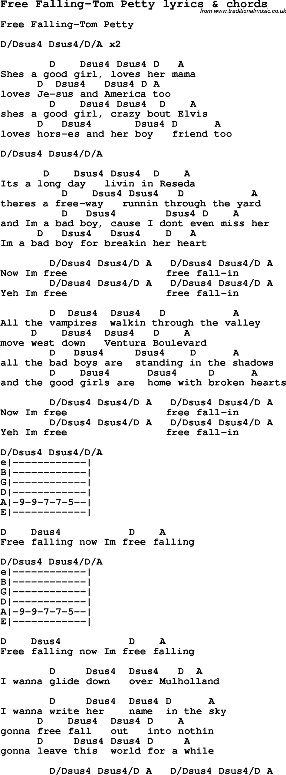 Love Song Lyrics For:free Falling-Tom Petty With Chords. intended for Free Printable Song Lyrics With Guitar Chords