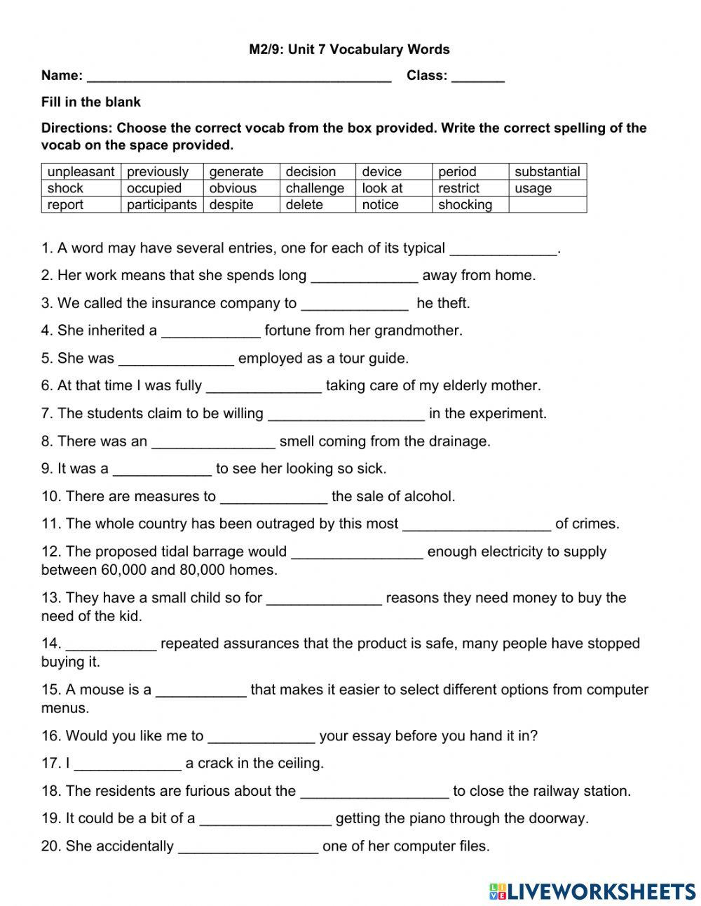 M2: Unit 7 Vocabulary Words Worksheet | Live Worksheets regarding Free Printable 7Th Grade Vocabulary Worksheets