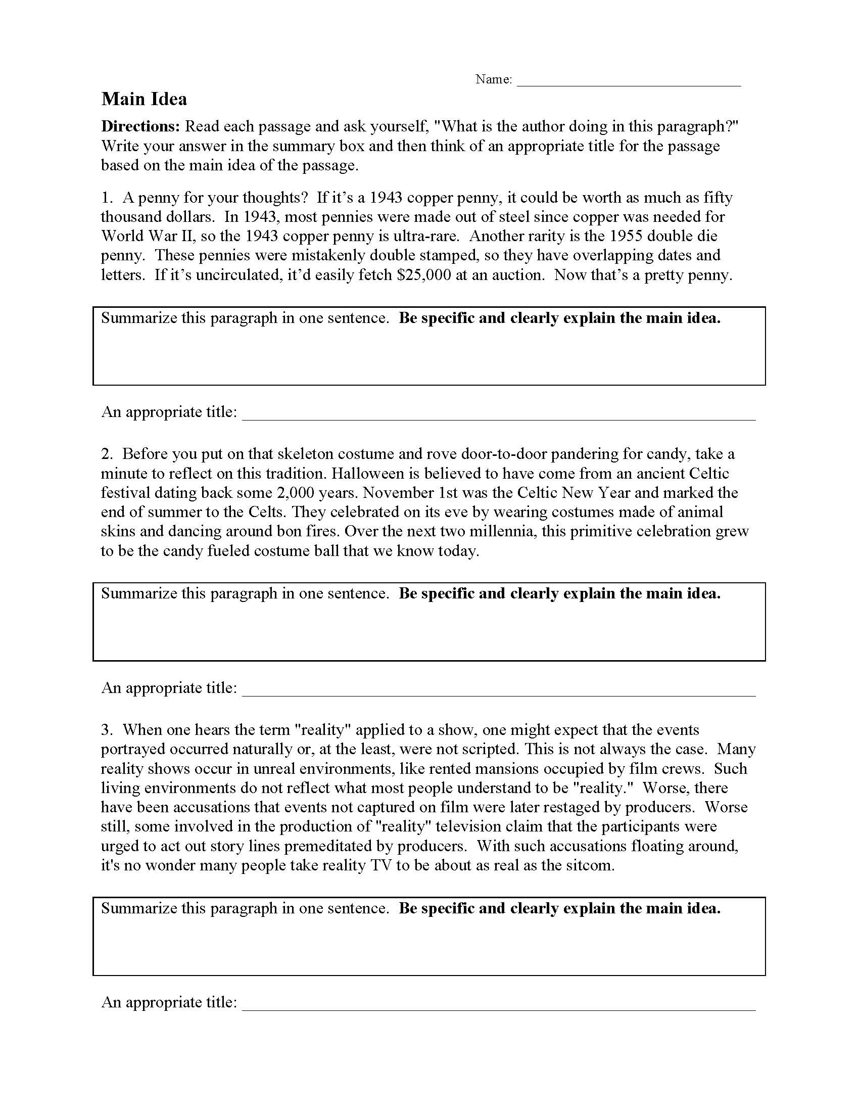 Main Idea Worksheets | Ereading Worksheets within Free Printable Main Idea Worksheets