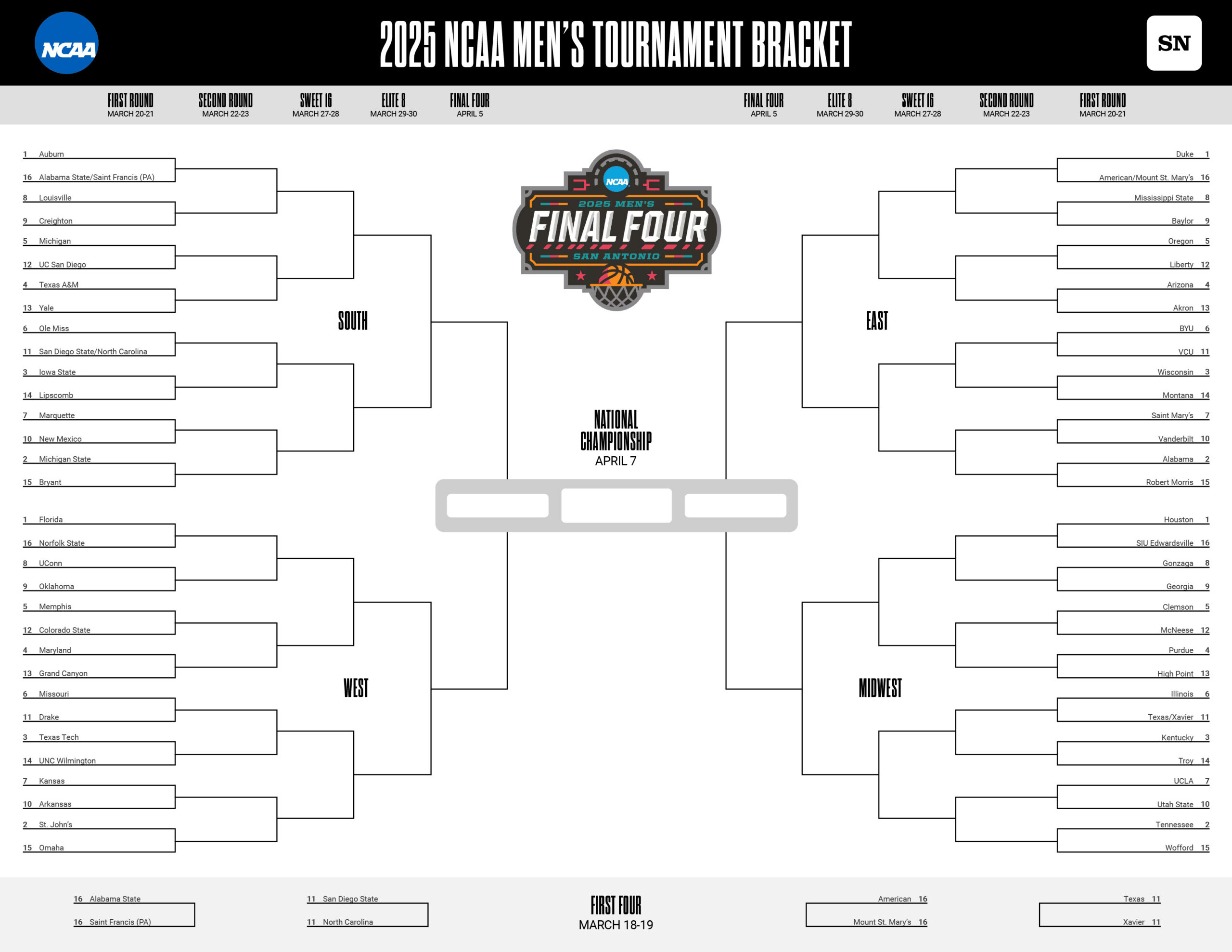 March Madness Printable Bracket: Download A Free 2025 Ncaa pertaining to Free Printable Brackets Ncaa Basketball