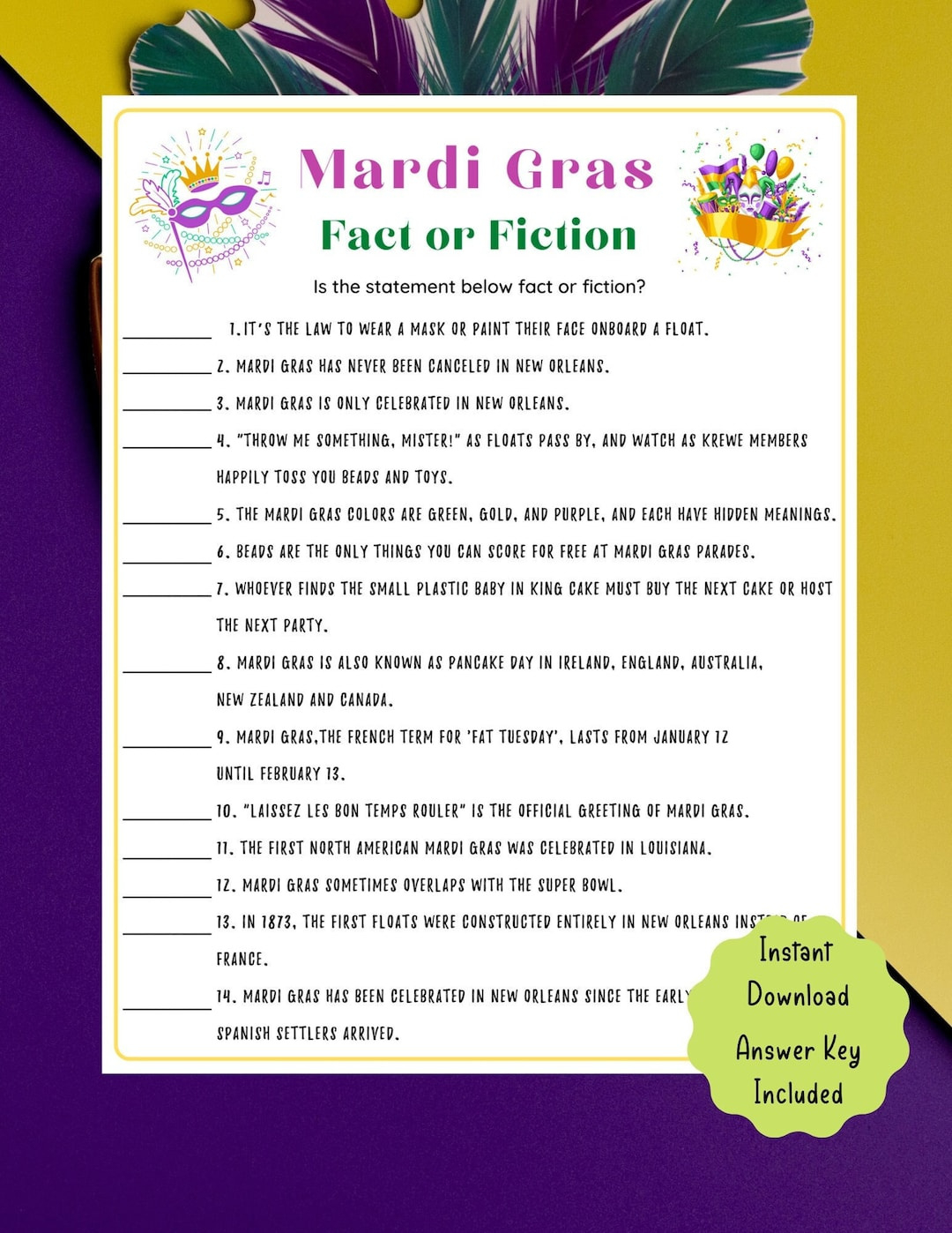 Mardi Gras Fact Or Fiction Game: Printable Trivia (Digital Download) - Etsy in Free Printable Mardi Gras Games