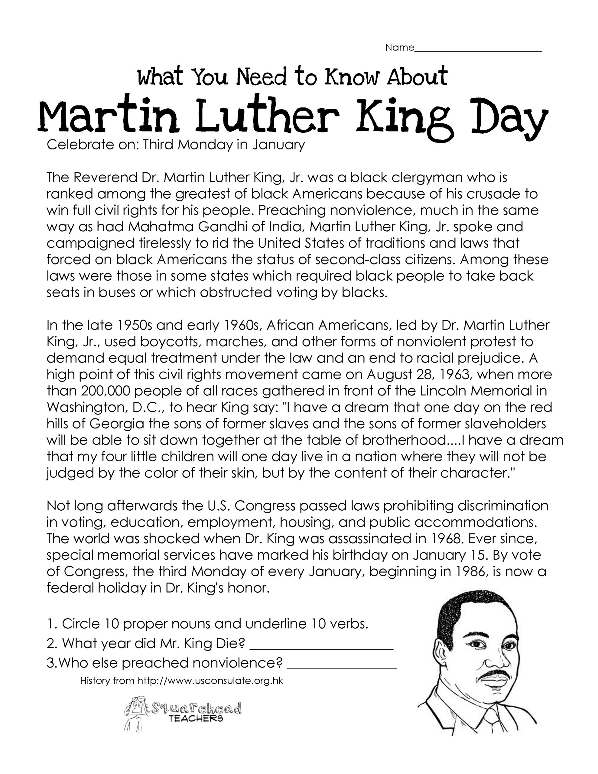 Martin Luther King Day (Free Worksheet) | Squarehead Teachers in Free Printable Martin Luther King Jr Worksheets