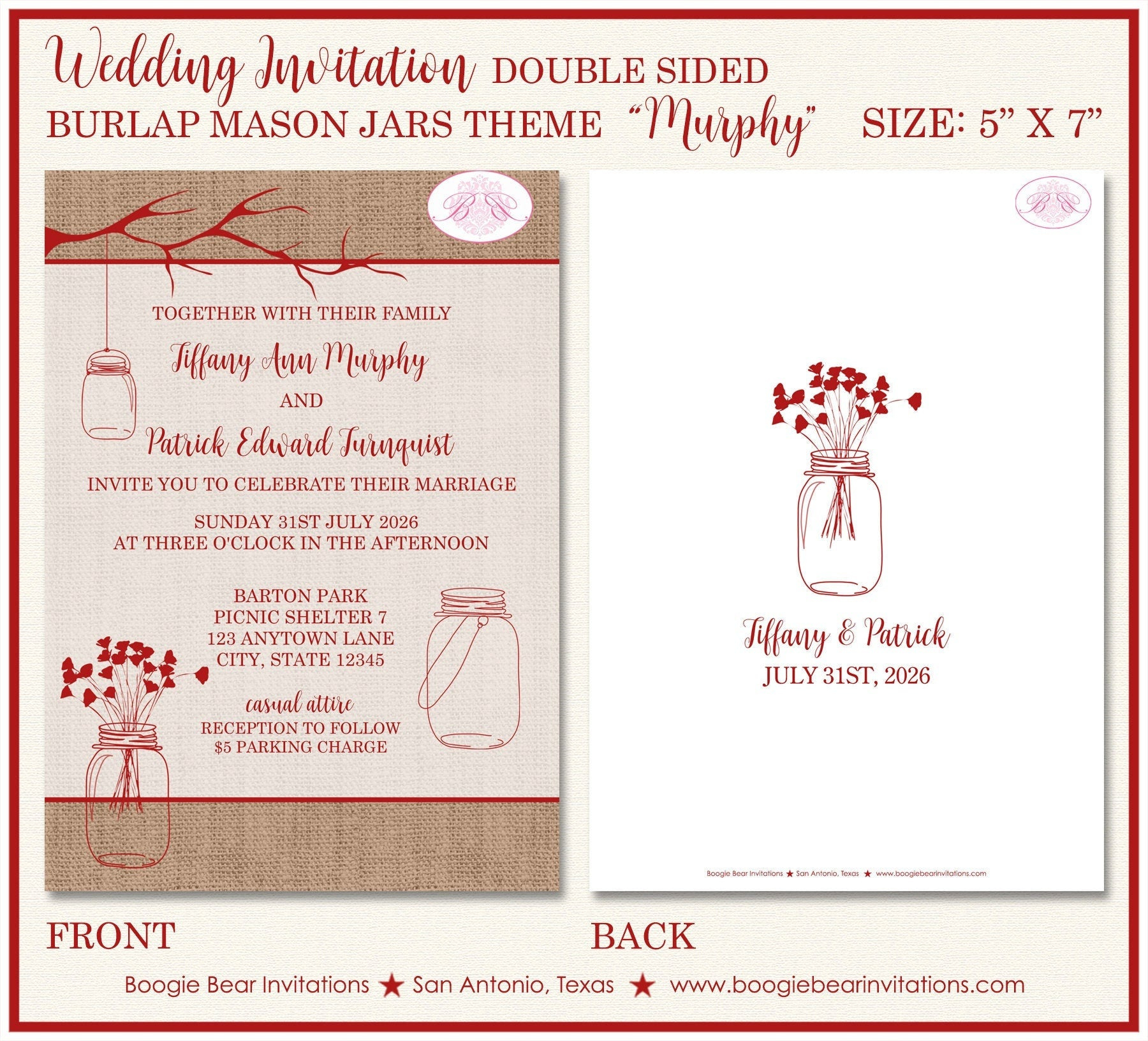 Mason Jars Wedding Invitation Birthday Party Country Red Burlap regarding Free Printable Mason Jar Invitation Template