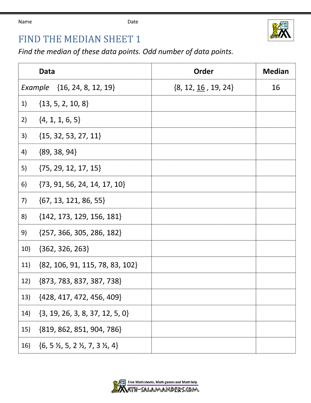 Median Worksheets intended for Free Printable Statistics Worksheets