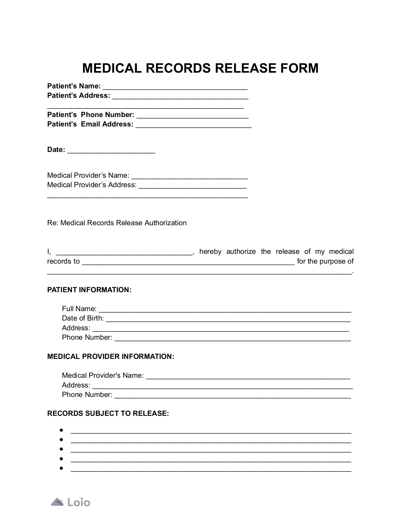 Medical Records Release Form Template - Loio regarding Free Printable Medical Release Form