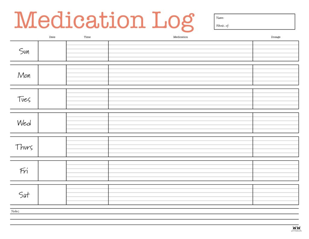 Medication Logs - 25 Free Printables | Printabulls throughout Free Printable Medication Log Sheet