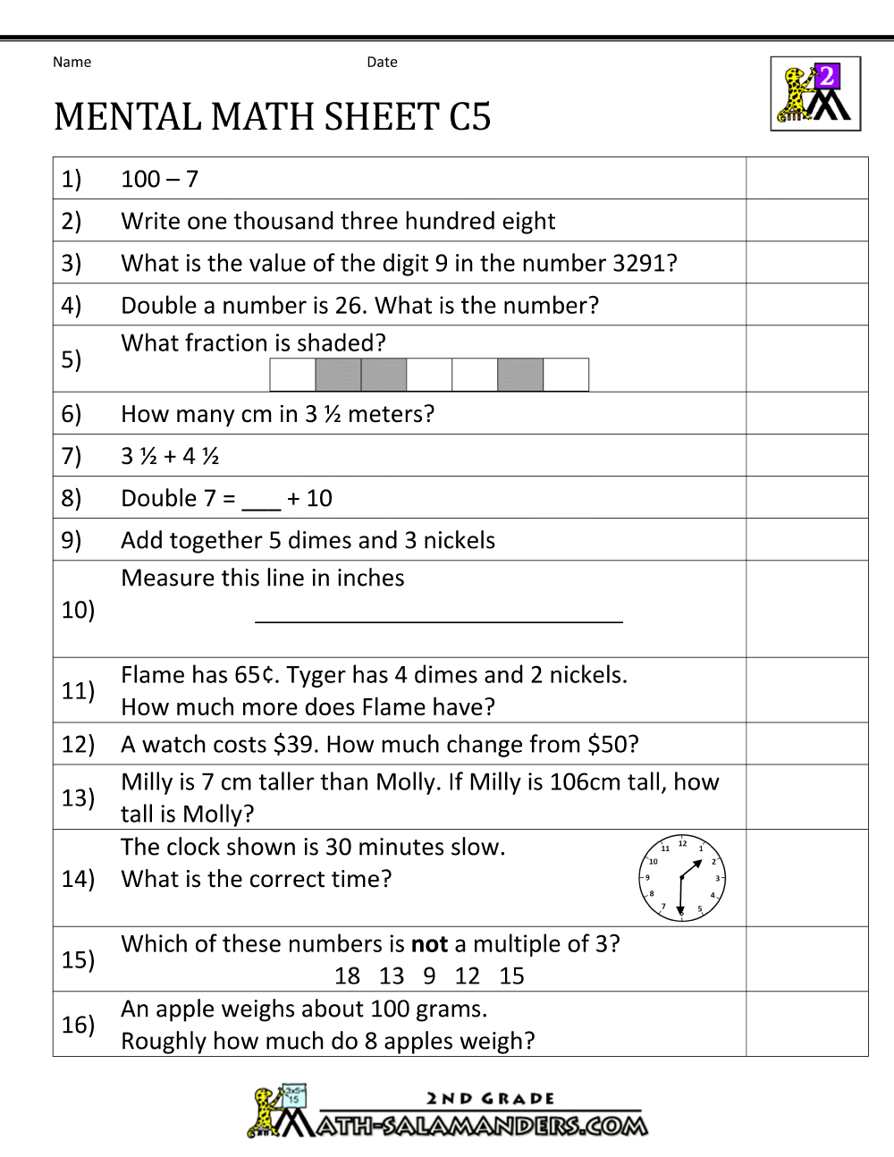 Mental Math Worksheet 2Nd Grade with regard to Free Printable Mental Math Worksheets