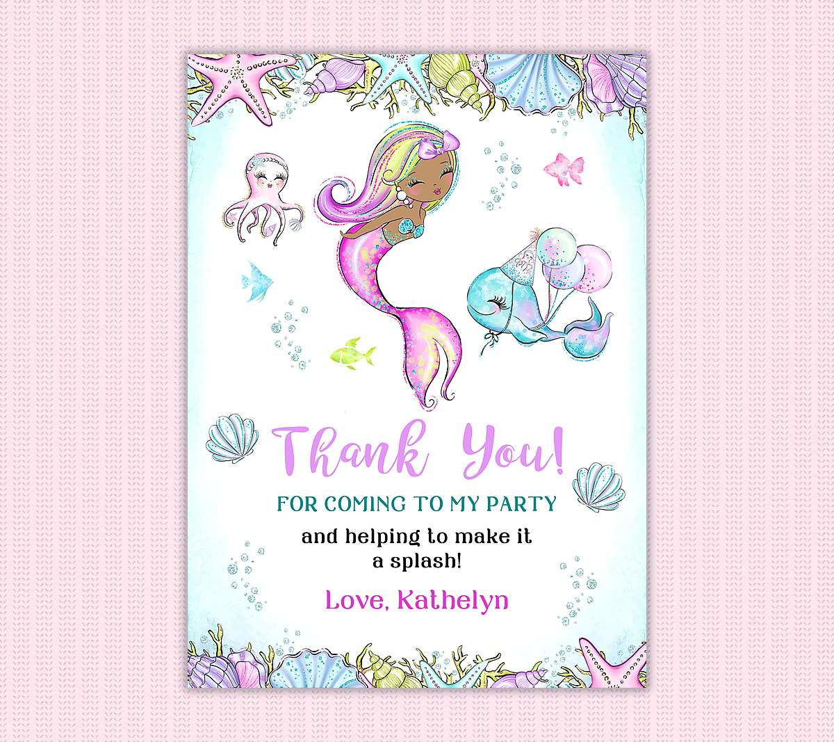 Mermaid And Sea Creatures Thank You Card - Perfect Party Prints intended for Free Printable Mermaid Thank You Cards