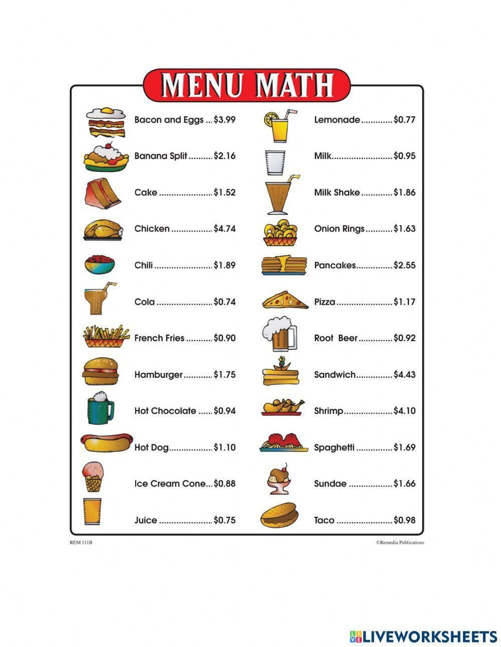 Mexican Food Menu Math Addition Worksheets - Worksheets Library pertaining to Free Printable Menu Math Worksheets