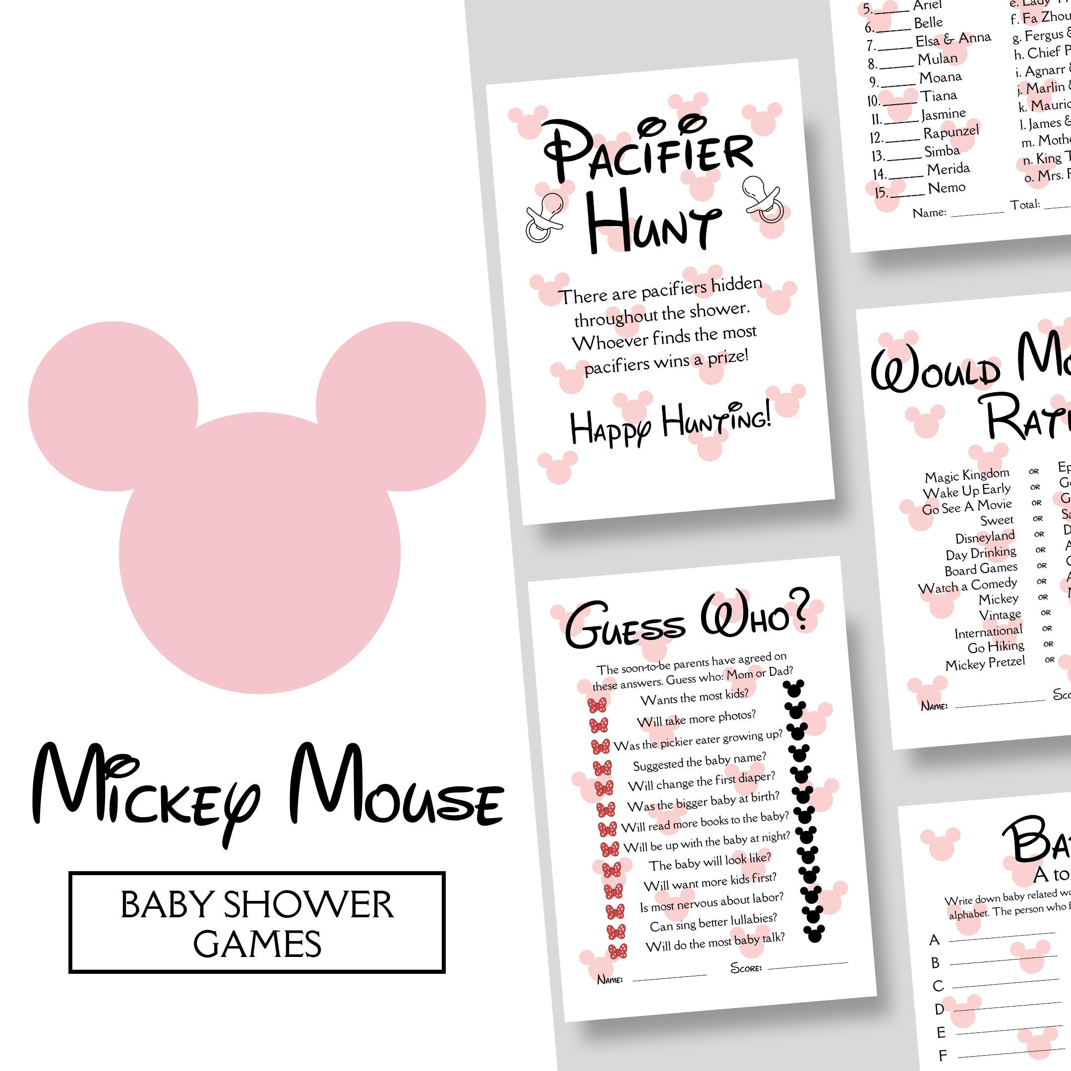 Mickey & Minnie Baby Shower Games Bundle | 7 Digital Printables in Free Printable Mickey Mouse Baby Shower Games